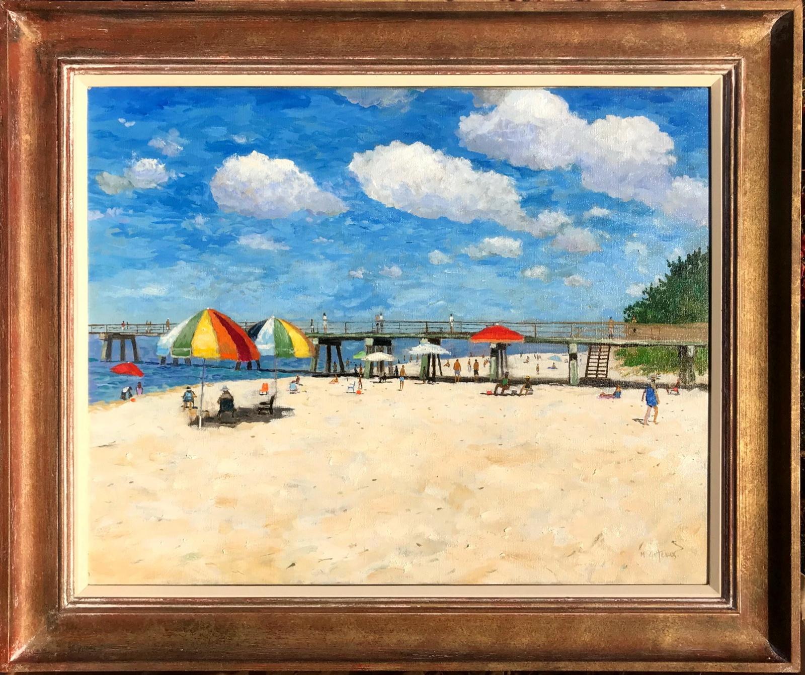 Spiaggia di Napoli, ombrelloni e molo - Painting di Marcel Gatteaux