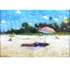 Red Umbrella Oil Painting, Landscape, Framed, 8.25x10.25"