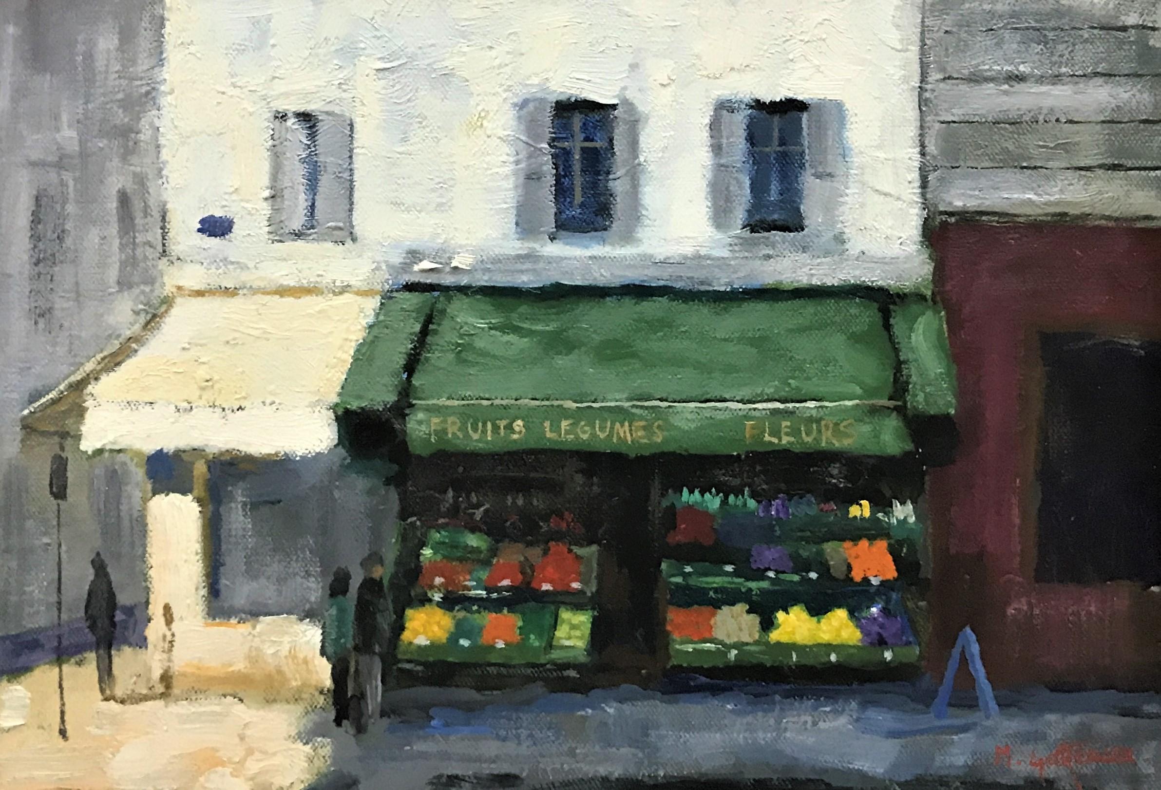 Marcel Gatteaux Landscape Painting - "Rue Lepic Fruit Shop, Paris", sunlit street scene, original oil on canvas