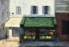 "Rue Lepic Fruit Shop, Paris", sunlit street scene, original oil on canvas