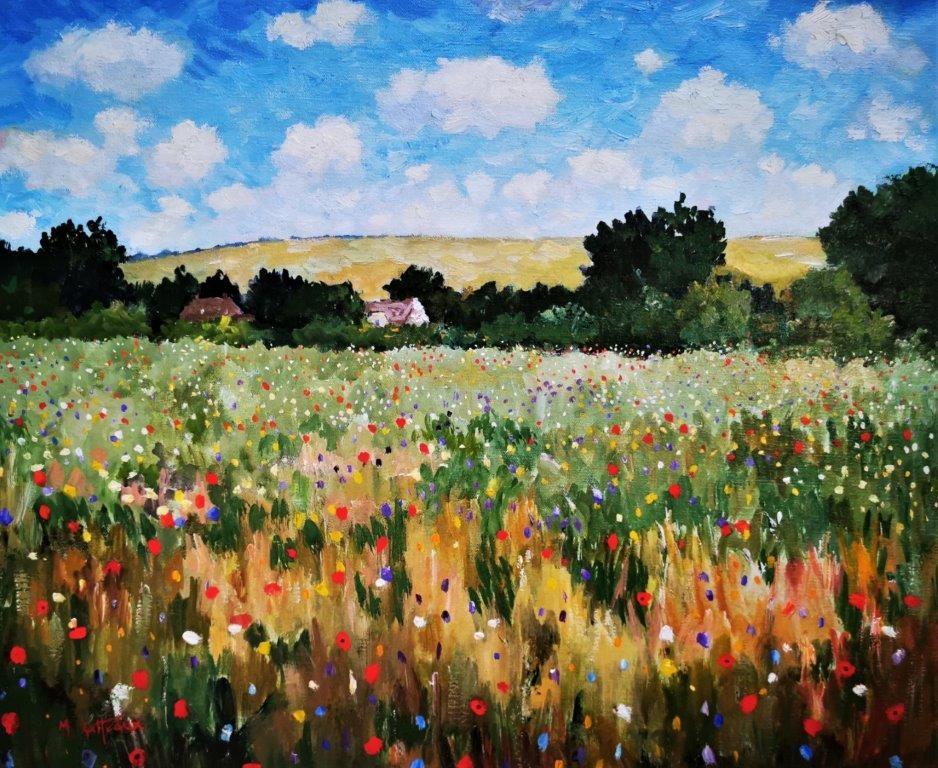 “Wildflowers, Chichester”, post-impressionist British landscape, oil on canvas.