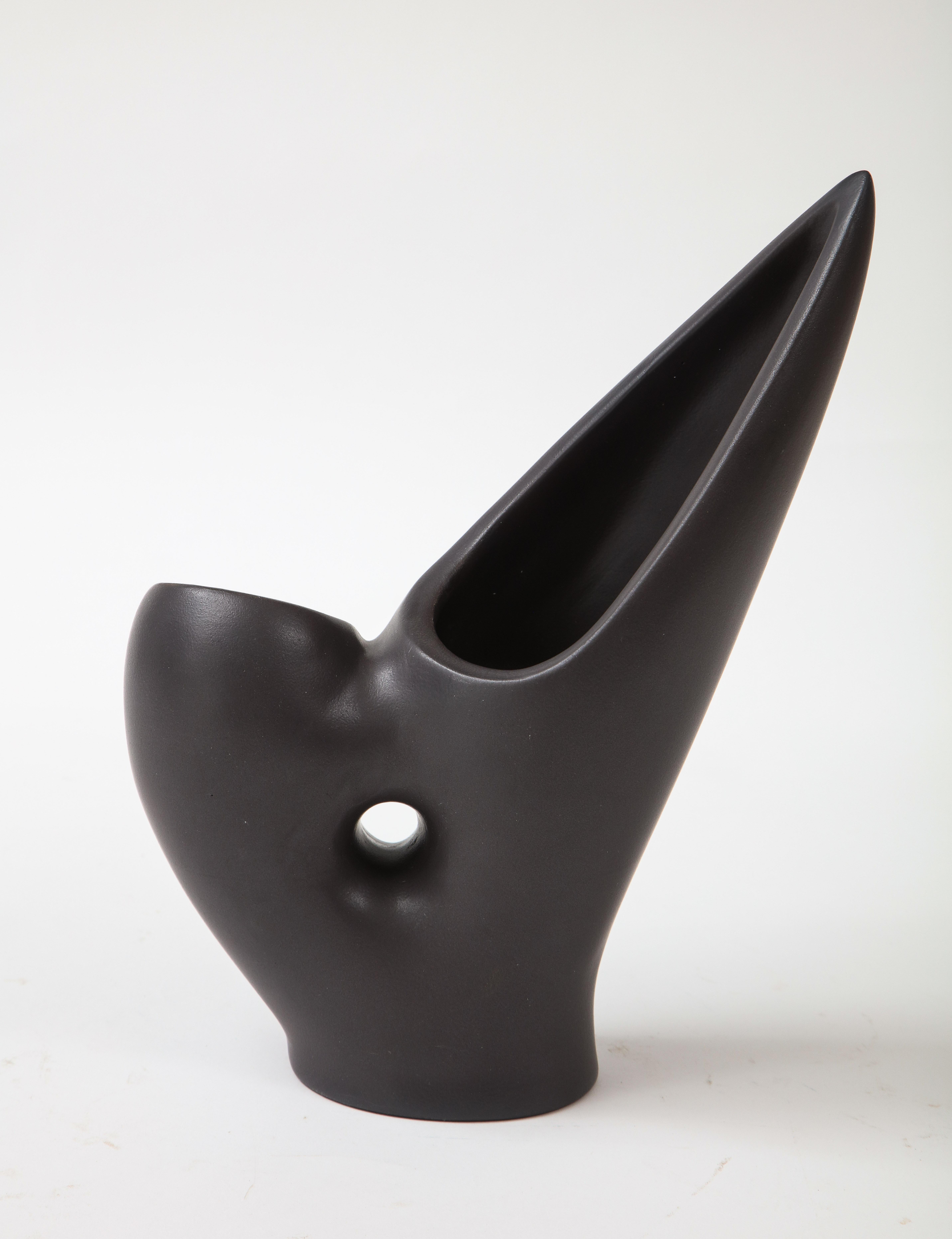 French Marcel Giraud Black Asymmetrical Vase, Vallauris, France, c. 1950, Signed