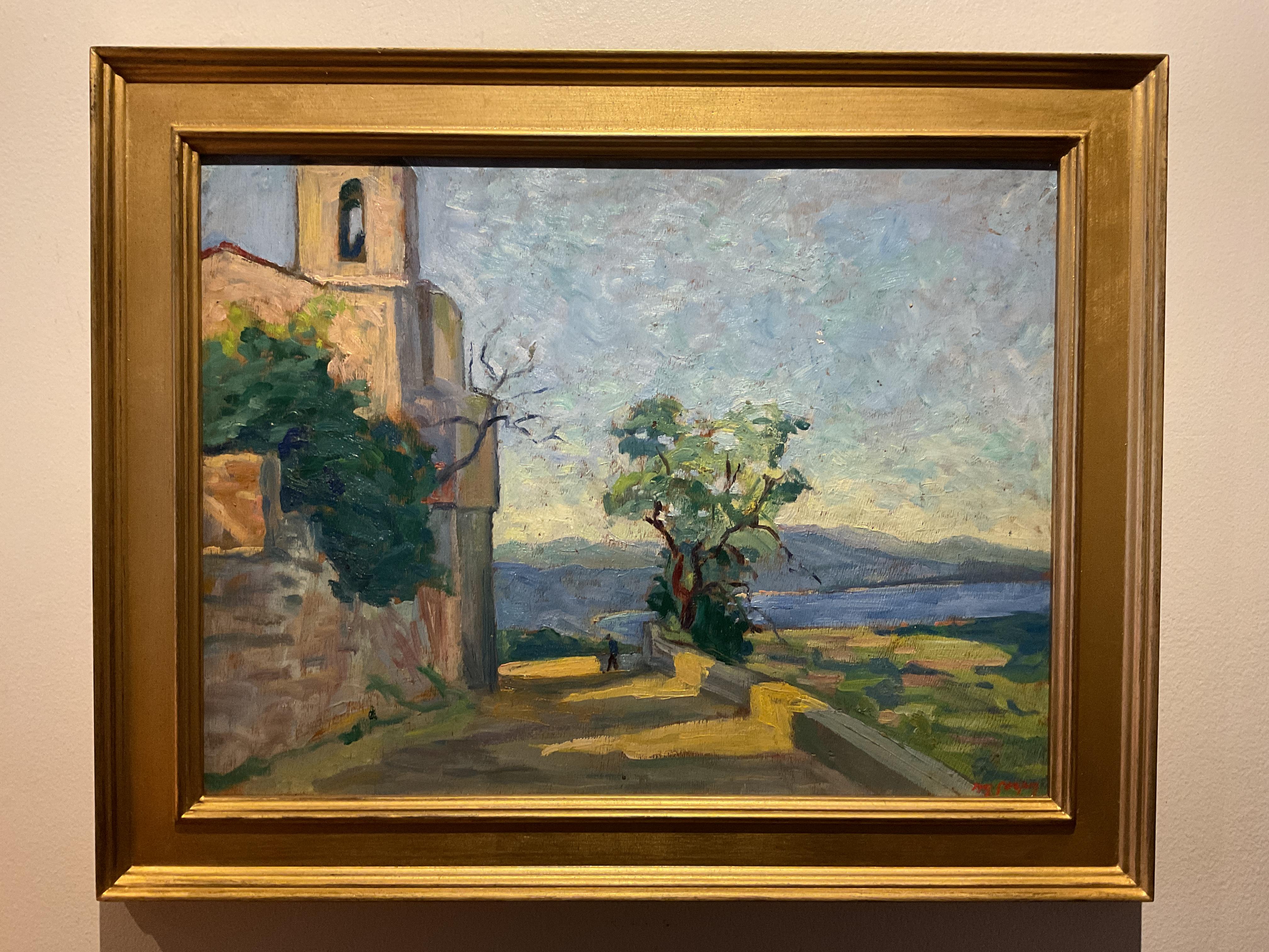 This painting by listed French artist Marcel Goupy is a colorful rendering of a location likely in Southern France, but possibly Italy or Spain.  Goupy chose a terrace overlooking a lake valley to showcase his ability to combine color, light and