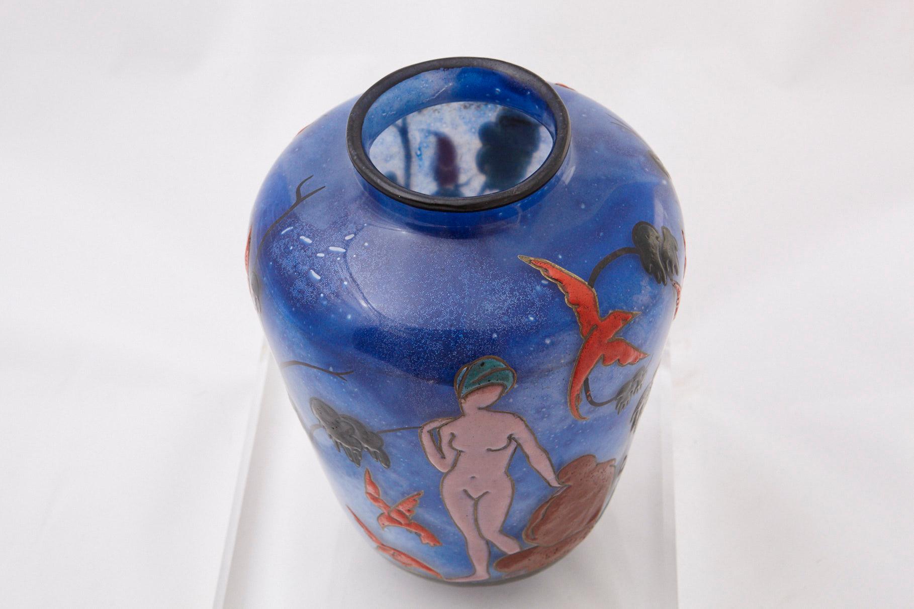 Marcel Goupy Enameled Glass Vase Showing Three Nude Women, circa 1925 For Sale 3