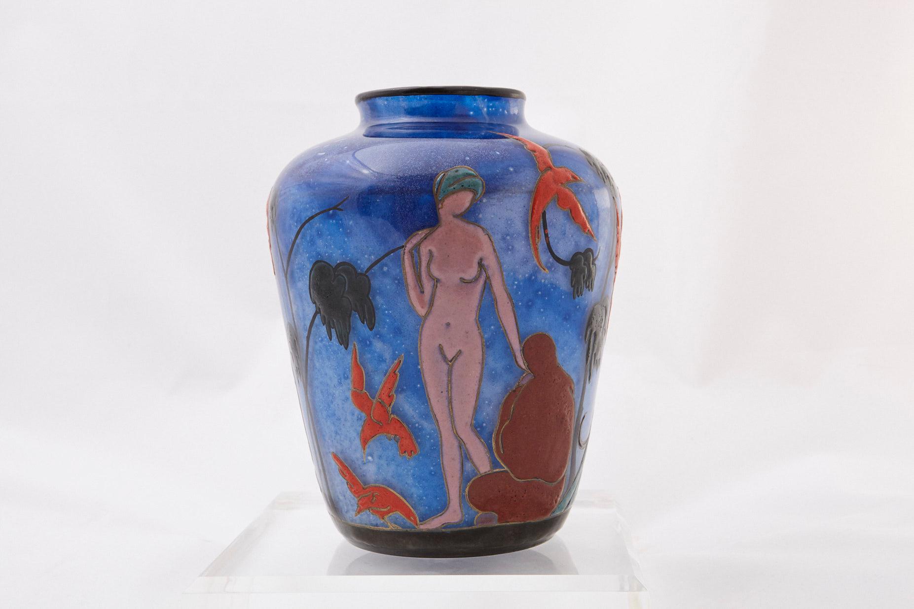 Marcel Goupy Enameled Glass Vase Showing Three Nude Women, circa 1925 For Sale 4