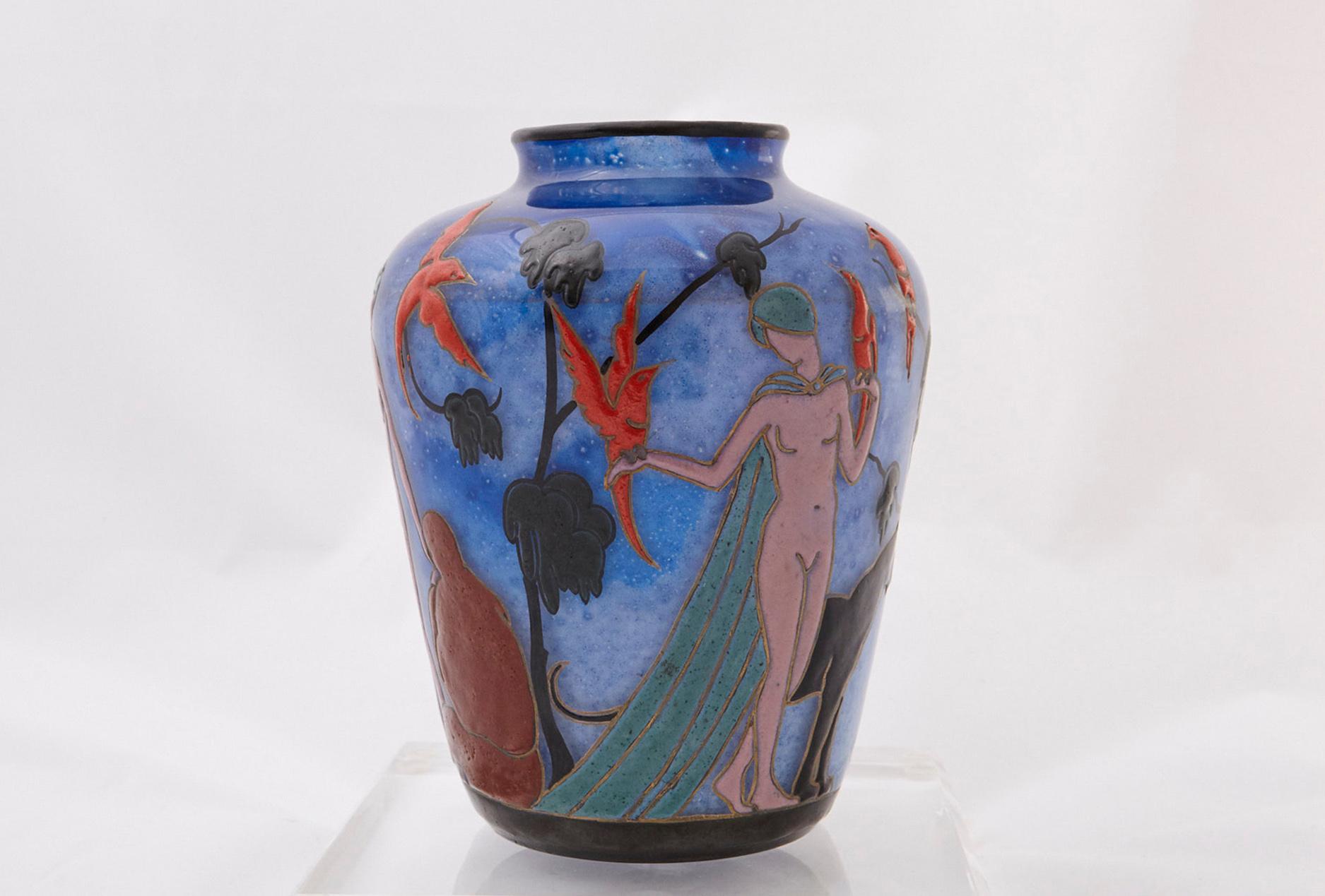 Art Deco Marcel Goupy Enameled Glass Vase Showing Three Nude Women, circa 1925 For Sale