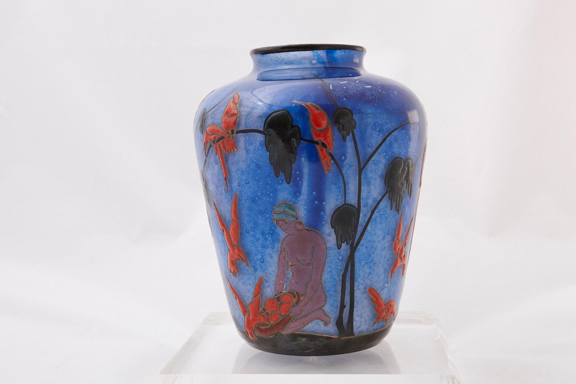 Early 20th Century Marcel Goupy Enameled Glass Vase Showing Three Nude Women, circa 1925 For Sale