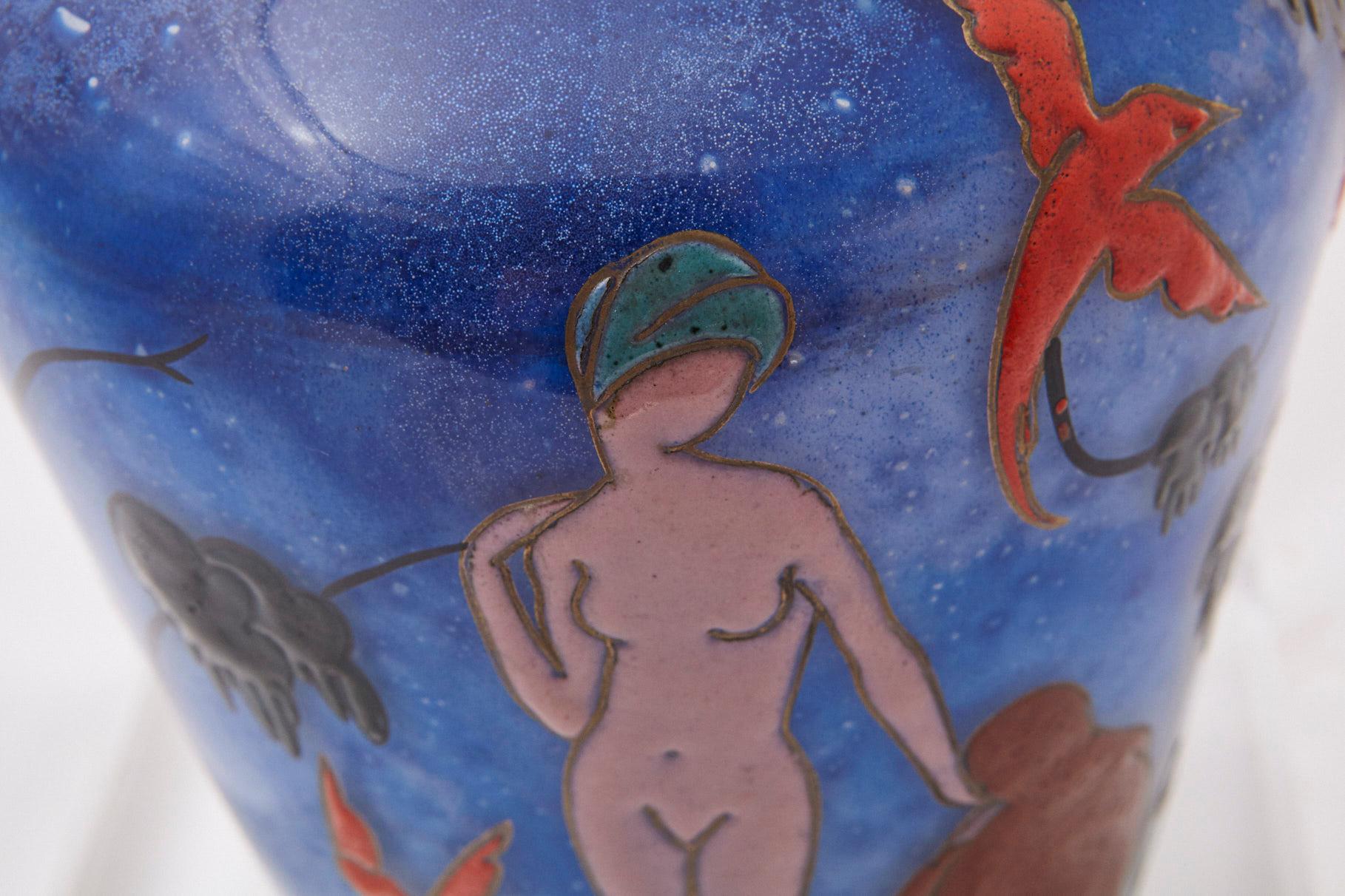 Marcel Goupy Enameled Glass Vase Showing Three Nude Women, circa 1925 For Sale 2