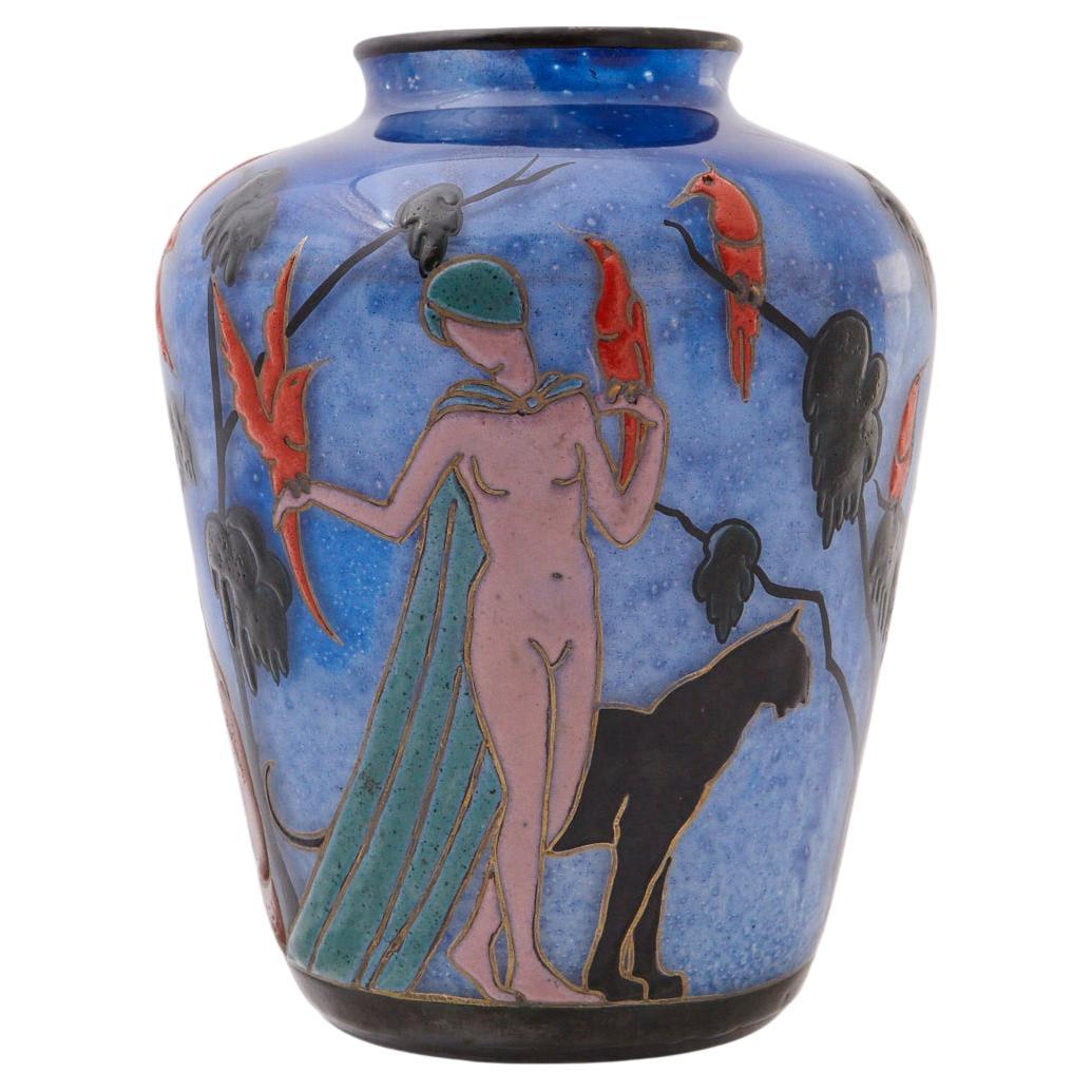 Marcel Goupy Enameled Glass Vase Showing Three Nude Women, circa 1925 For Sale