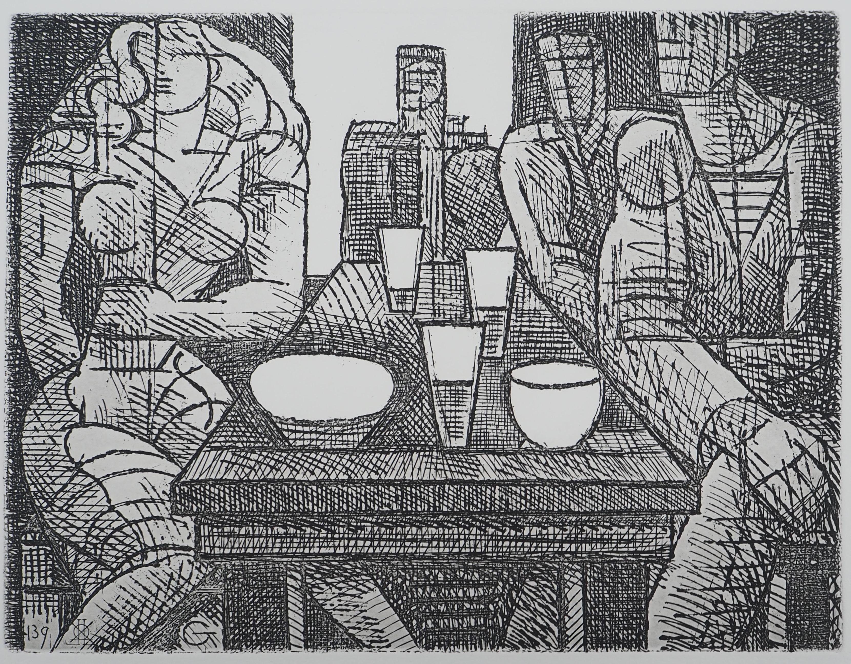 At the Cafe : Sharing a Drink - Original Etching - Print by Marcel Gromaire