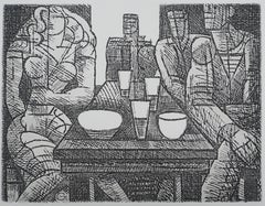 En el Café : Compartiendo una copa - Grabado original