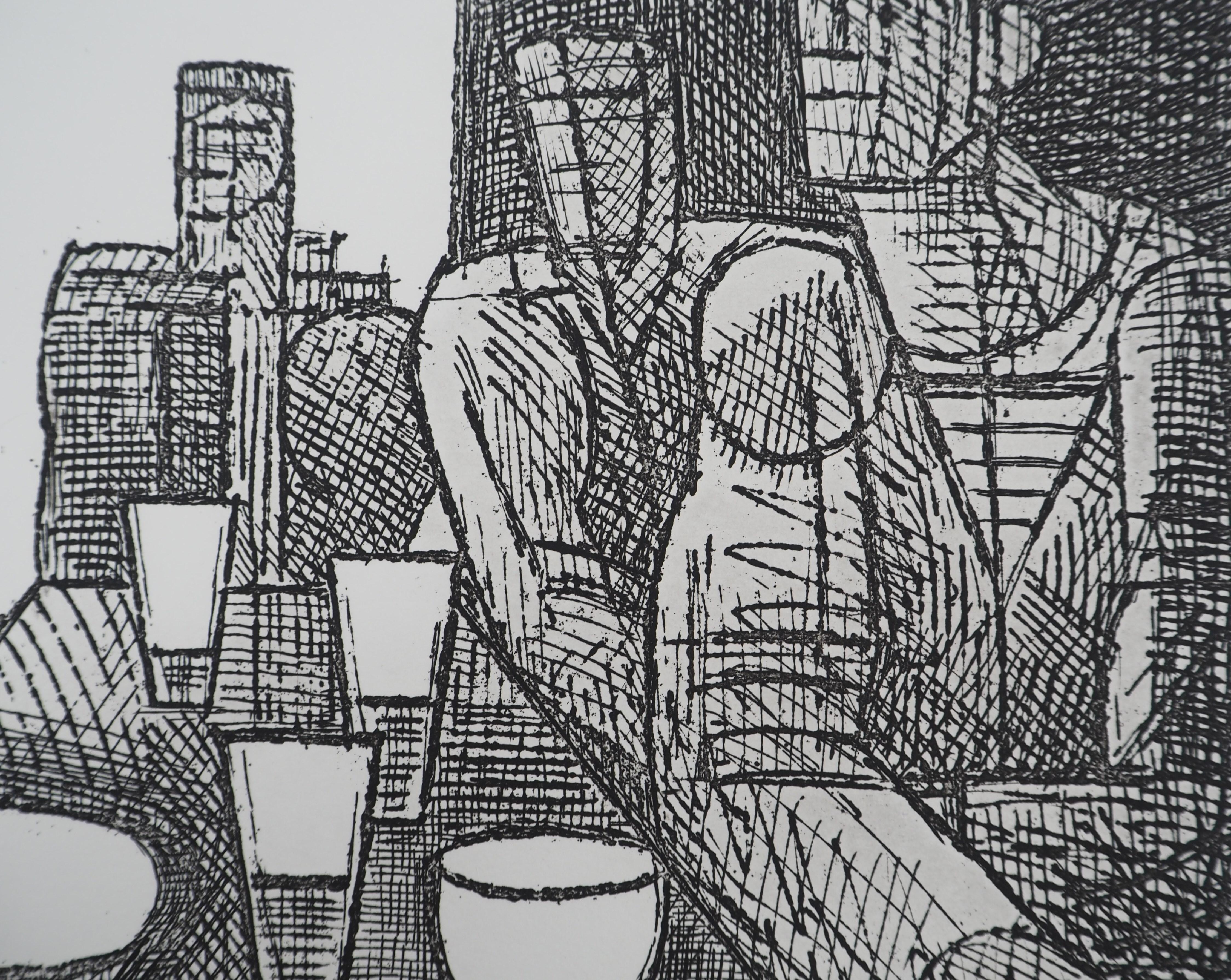 At the Cafe : Sharing a Drink - Original Etching For Sale 1