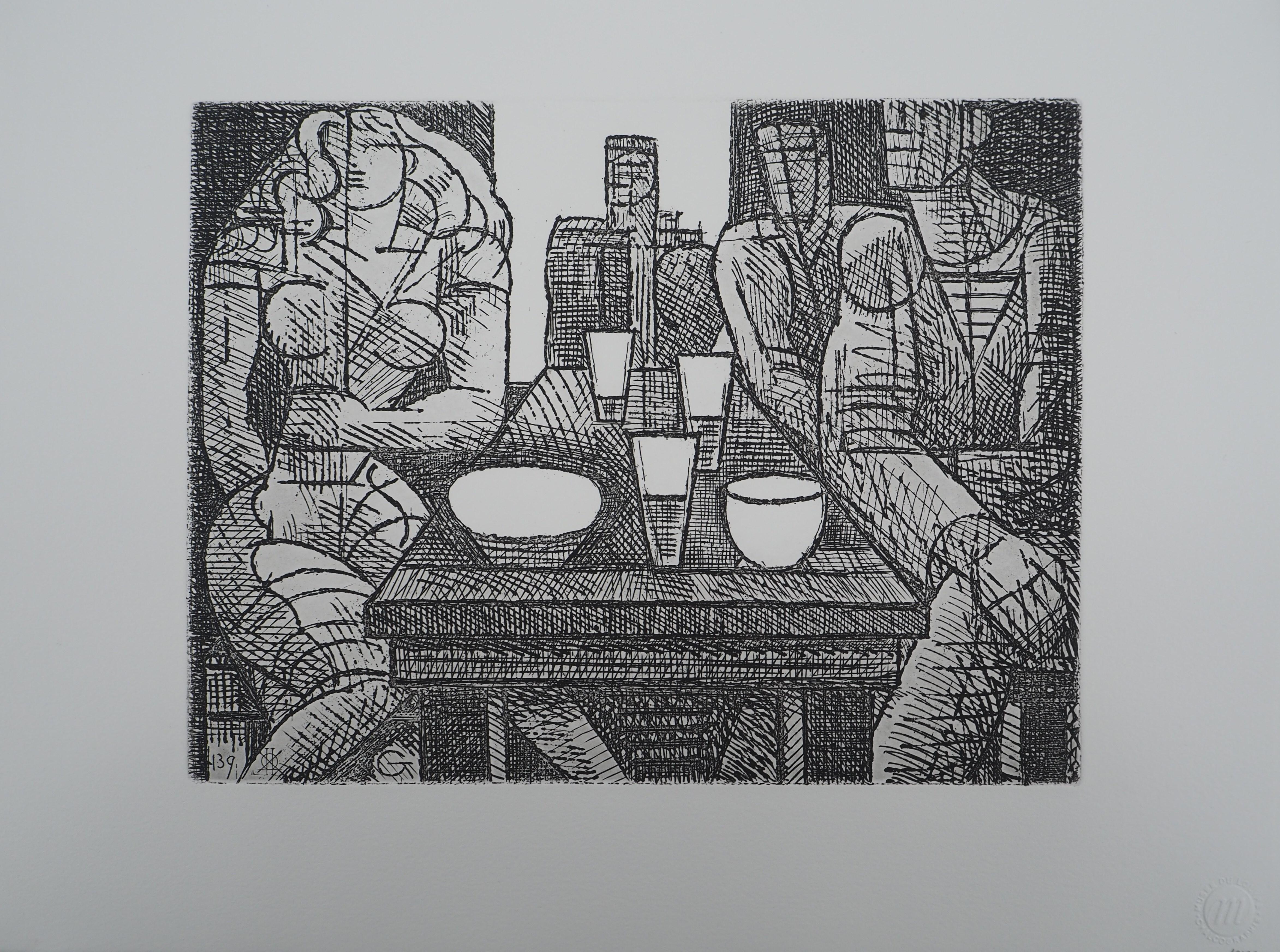 At the Cafe : Sharing a Drink - Original Etching