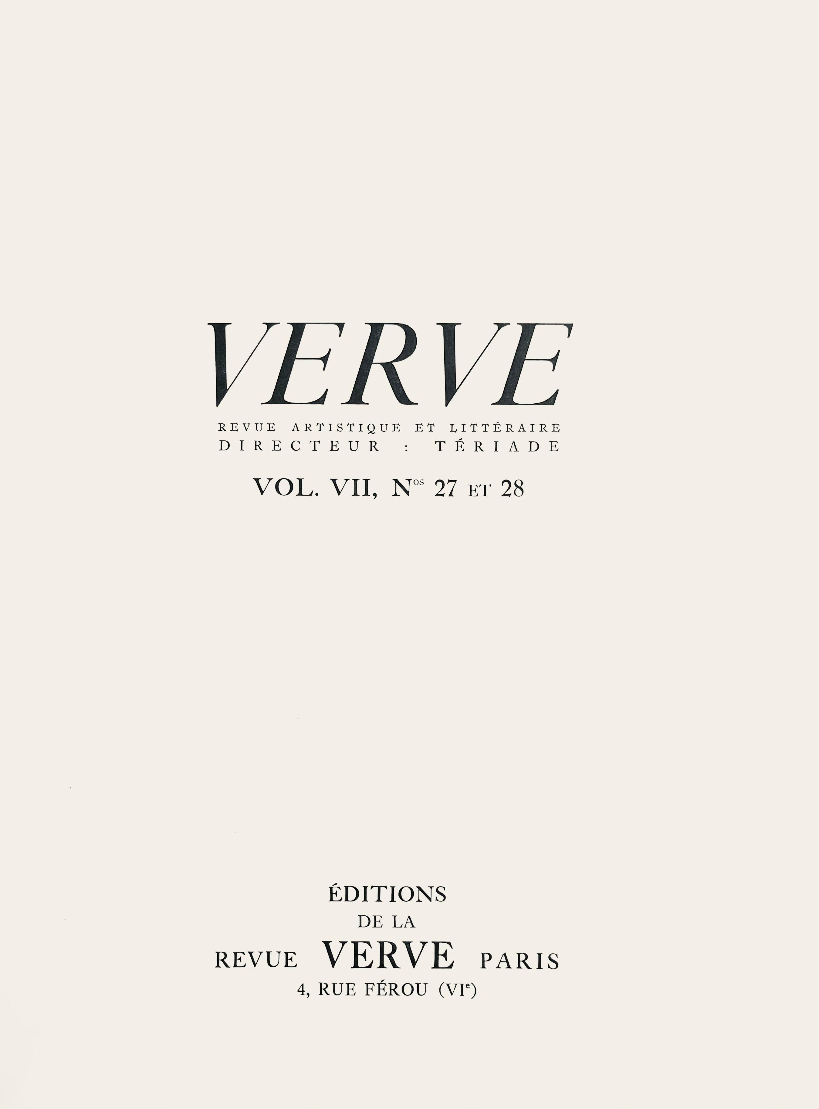 Litografía sobre papel vélin des Papeteries du Marais. Tamaño del papel: 14 x 10,25 pulgadas. Inscripción: Firmada en la plancha y sin numerar, tal como se emitió. Notas: Del álbum Verve: Revue Artistique et Littéraire, Vol. VII, N° 27-28, 1953.