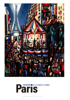Affiche de voyage originale Paris le 14 Juillet Bastille Day, toile de lin