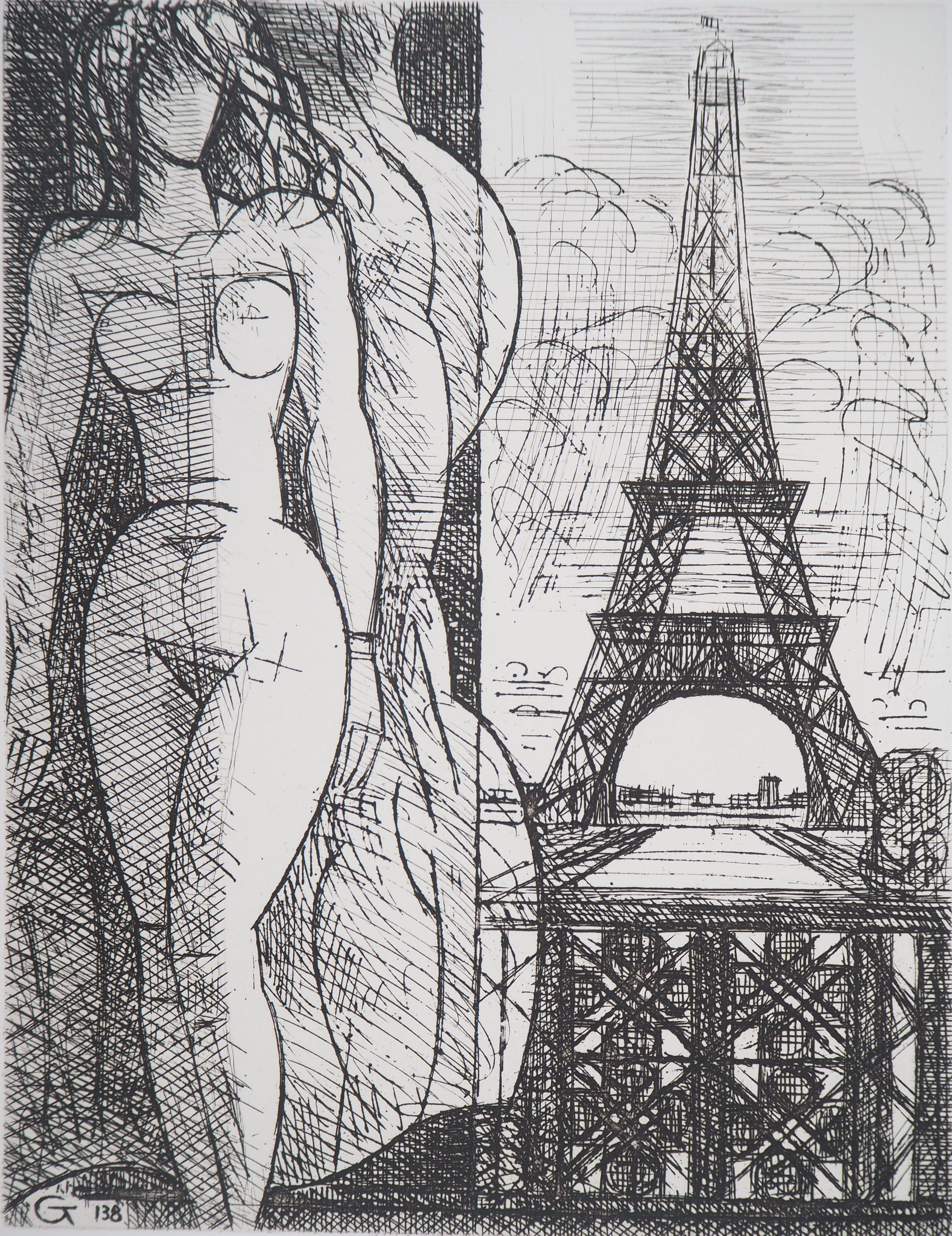 Paris : Nude with Eiffel Tower - Original etching - Print by Marcel Gromaire