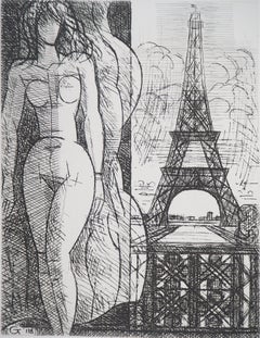 Paris : Nude with Eiffel Tower - Original etching