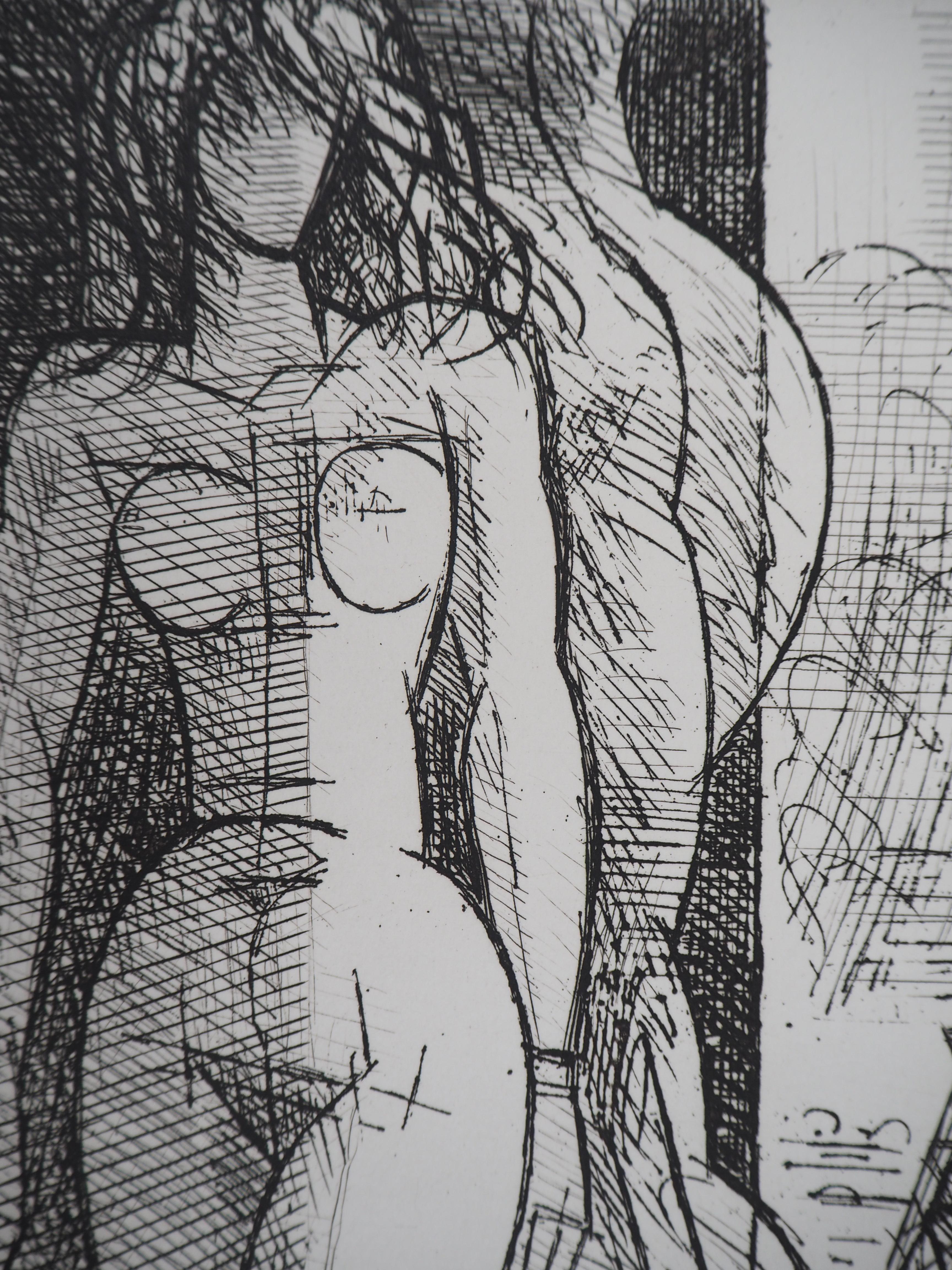 Paris : Nude with Eiffel Tower - Original etching - Gray Figurative Print by Marcel Gromaire