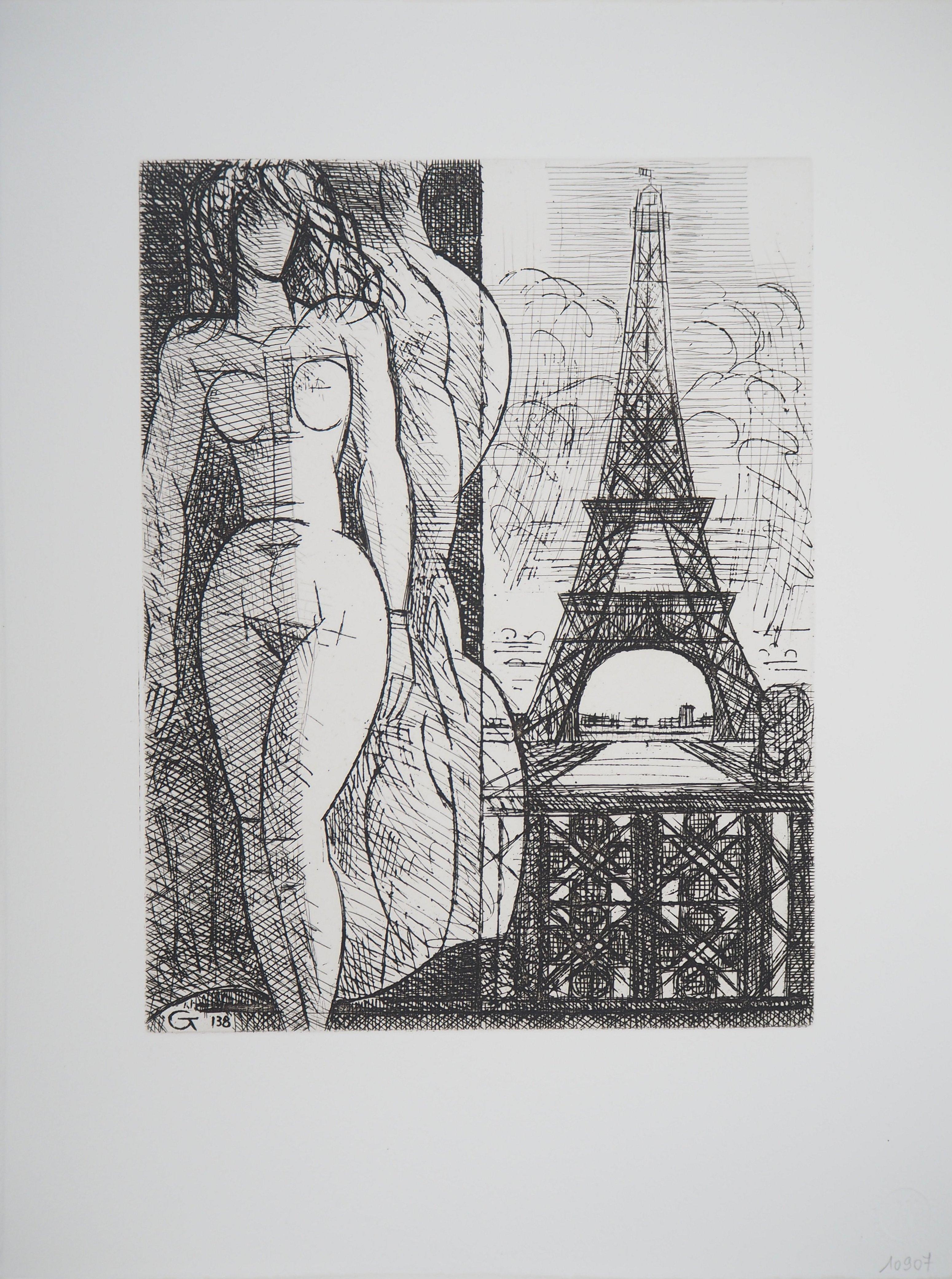 Marcel Gromaire Figurative Print - Paris : Nude with Eiffel Tower - Original etching