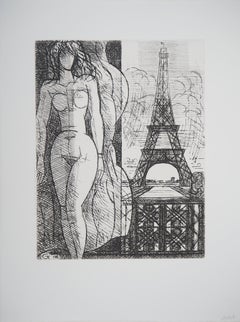 Vintage Paris : Nude with Eiffel Tower - Original etching 
