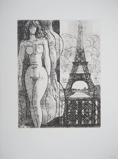 Paris : Nude with Eiffel Tower - Original etching