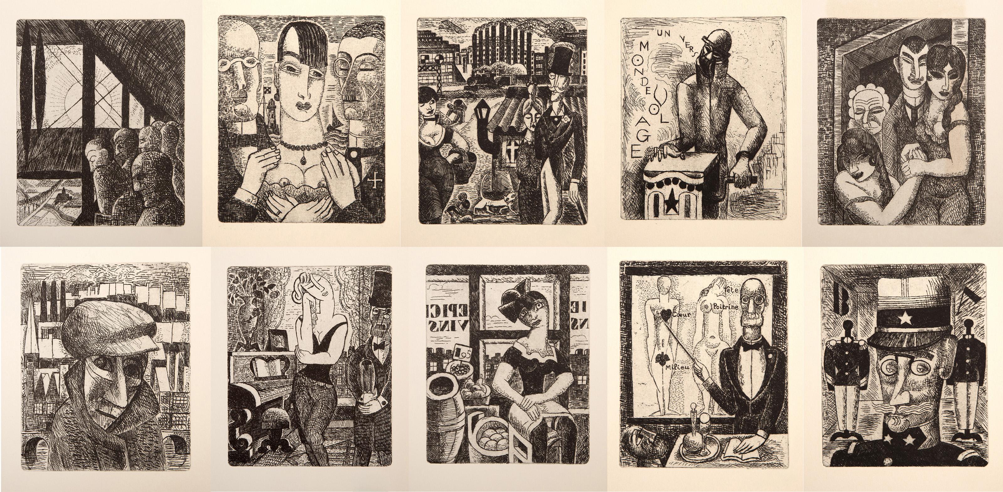  Marcel Gromaire, French (1892 - 1971) - Vers un Monde Volage II, Year: 1926, Medium: Suit of 10 Etchings on thin laid paper with gilt edges, Edition: 270, Image Size: 6.75 x 5.5 inches, Size: 11 x 8.75 in. (27.94 x 22.23 cm), Publisher: Marcel