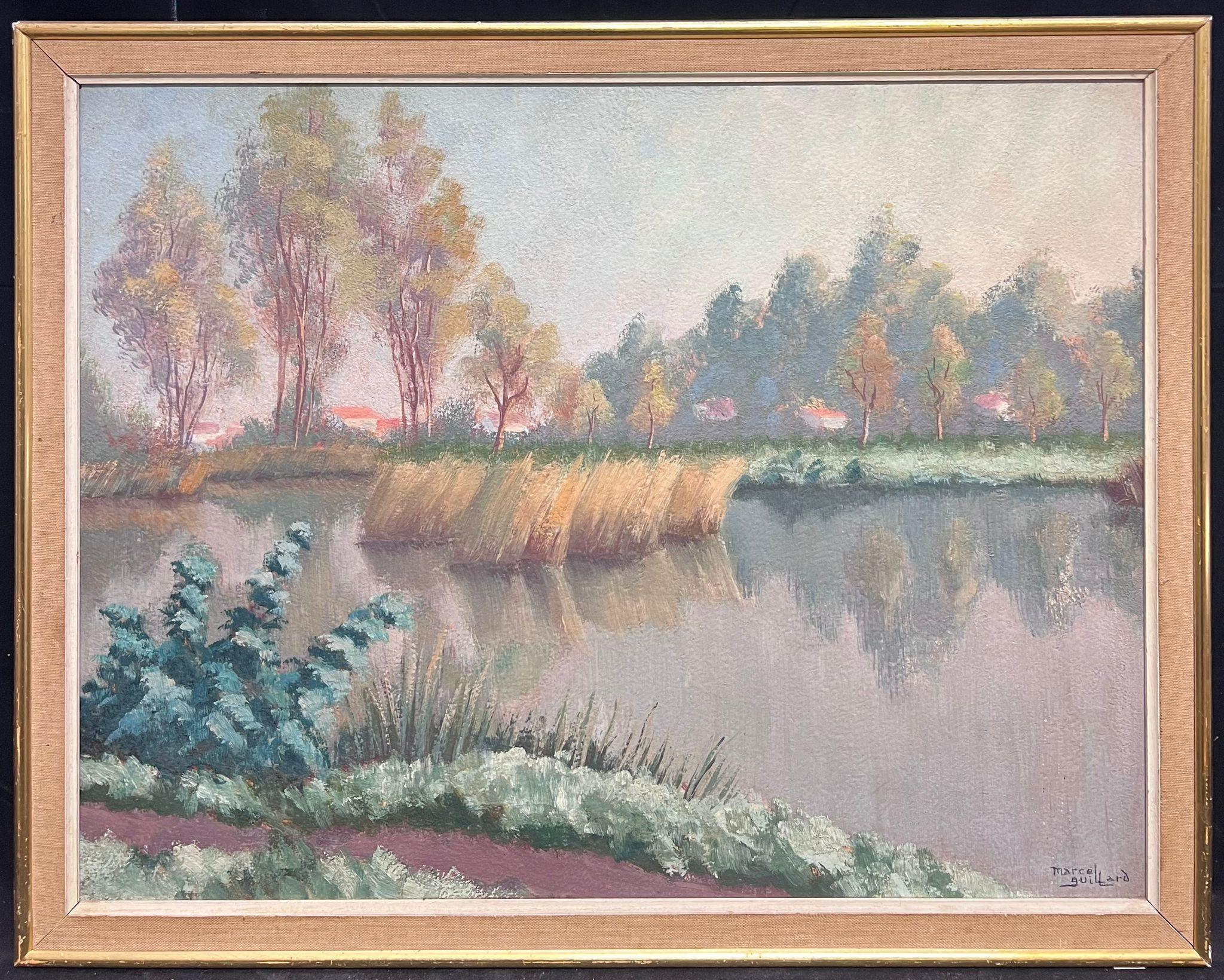 Gran óleo francés postimpresionista firmado Lago del bosque Colores pastel malhumorados - Painting de Marcel Guillard