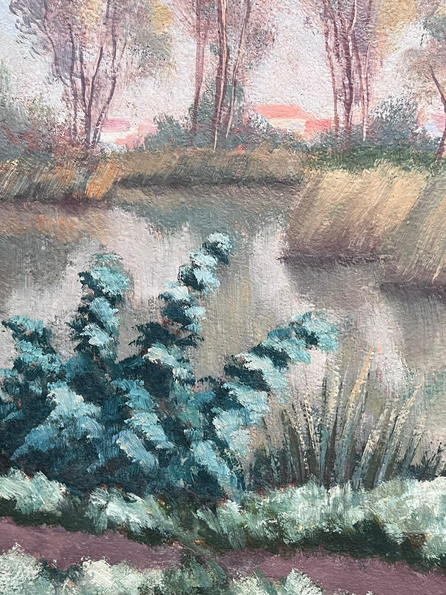 Gran óleo francés postimpresionista firmado Lago del bosque Colores pastel malhumorados - Painting Impresionista de Marcel Guillard