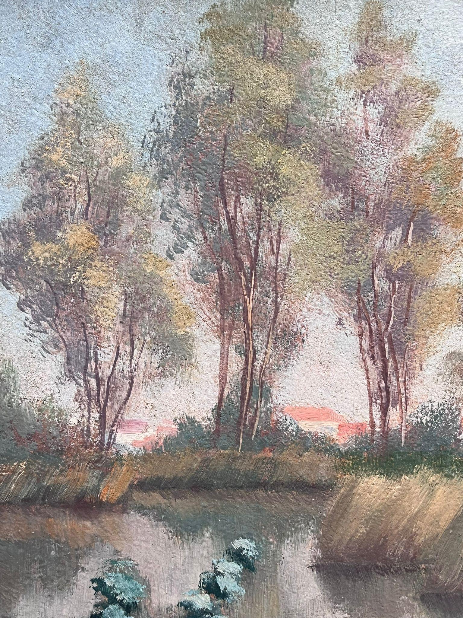 Gran óleo francés postimpresionista firmado Lago del bosque Colores pastel malhumorados - Landscape Painting Gris de Marcel Guillard