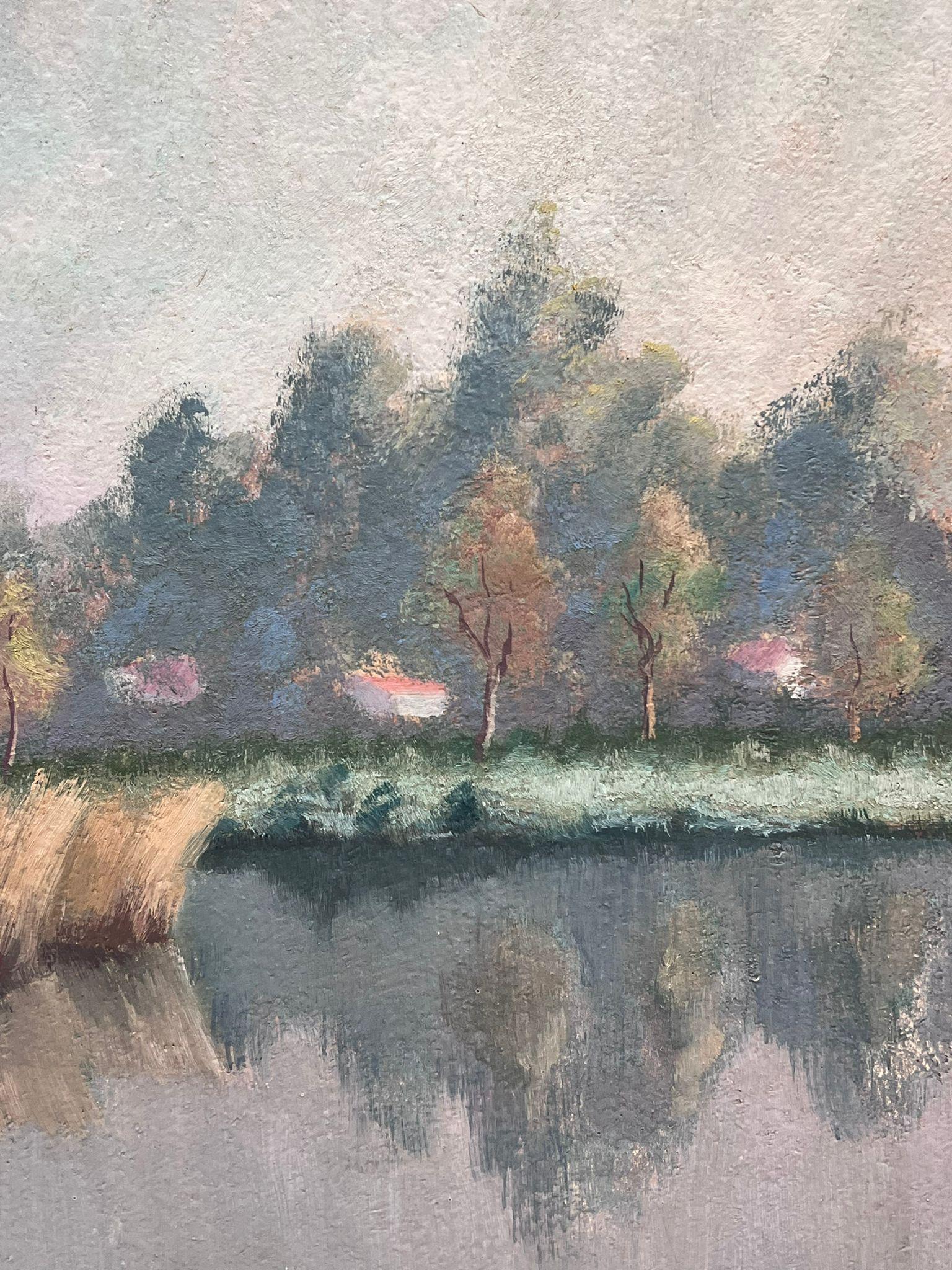 Gran óleo francés postimpresionista firmado Lago del bosque Colores pastel malhumorados en venta 1