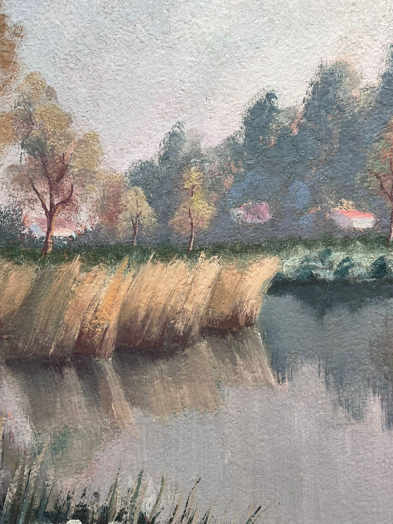 Gran óleo francés postimpresionista firmado Lago del bosque Colores pastel malhumorados en venta 4