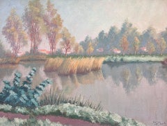 Vintage Large French Post-Impressionist Signed Oil Woodland Lake Moody Pastel Colors