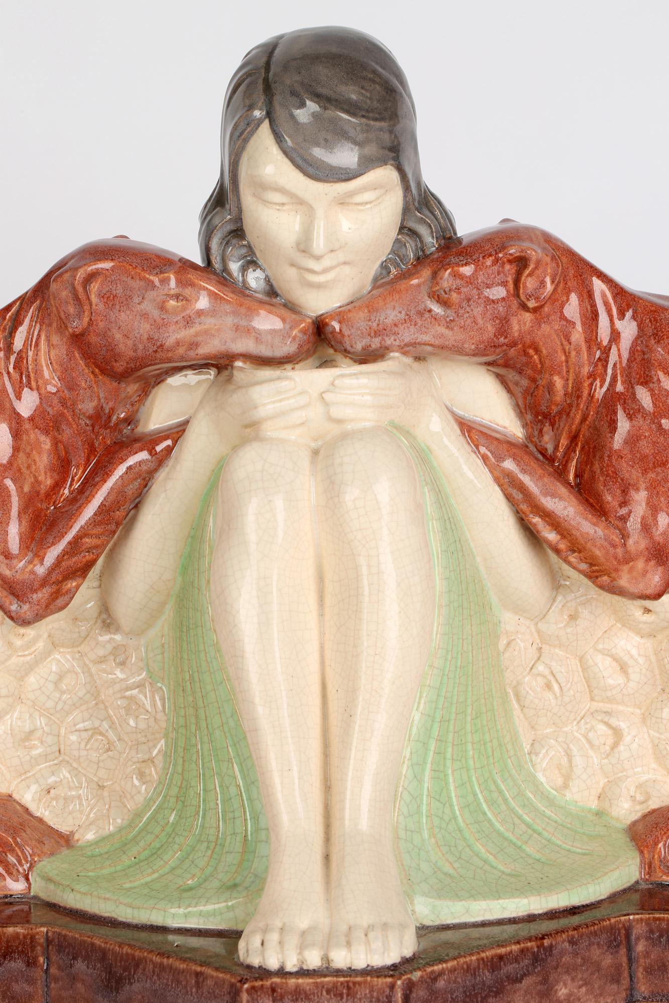 Marcel Guillard Art Deco Girl & Borzoi Pottery Sculpture for Etling Paris For Sale 5