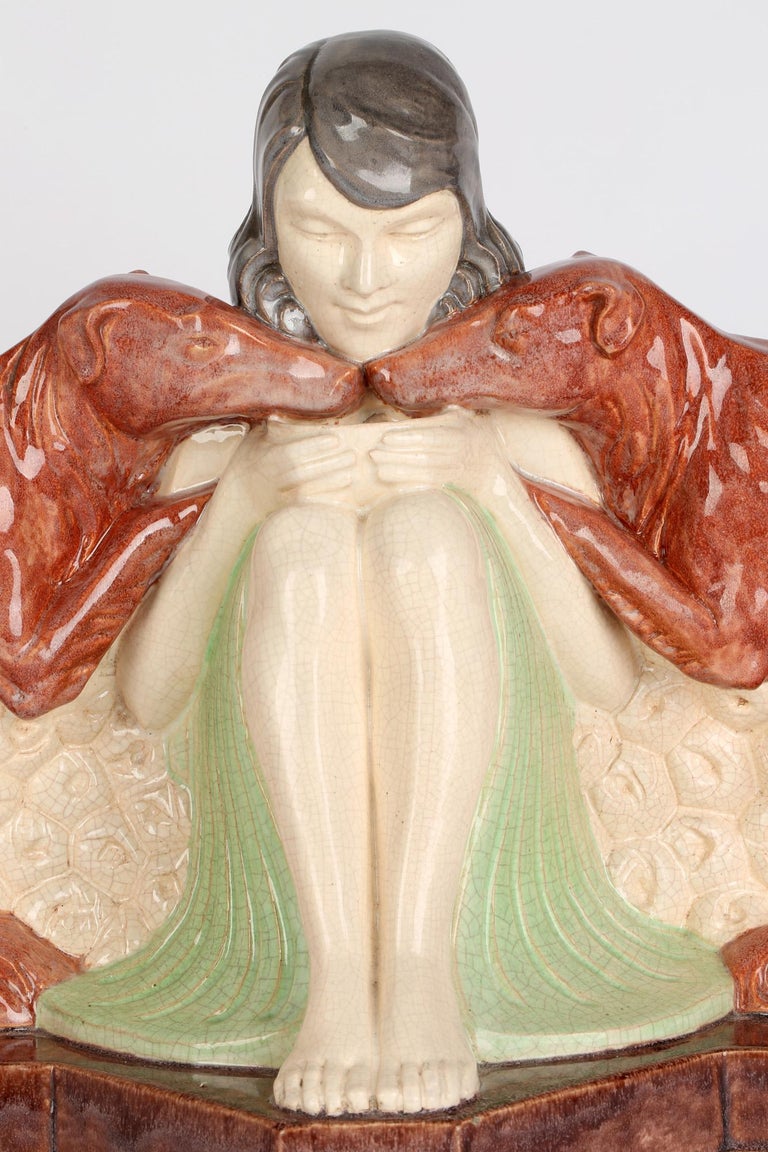 Marcel Guillard Art Deco Girl & Borzoi Pottery Sculpture for Etling Paris For Sale 8