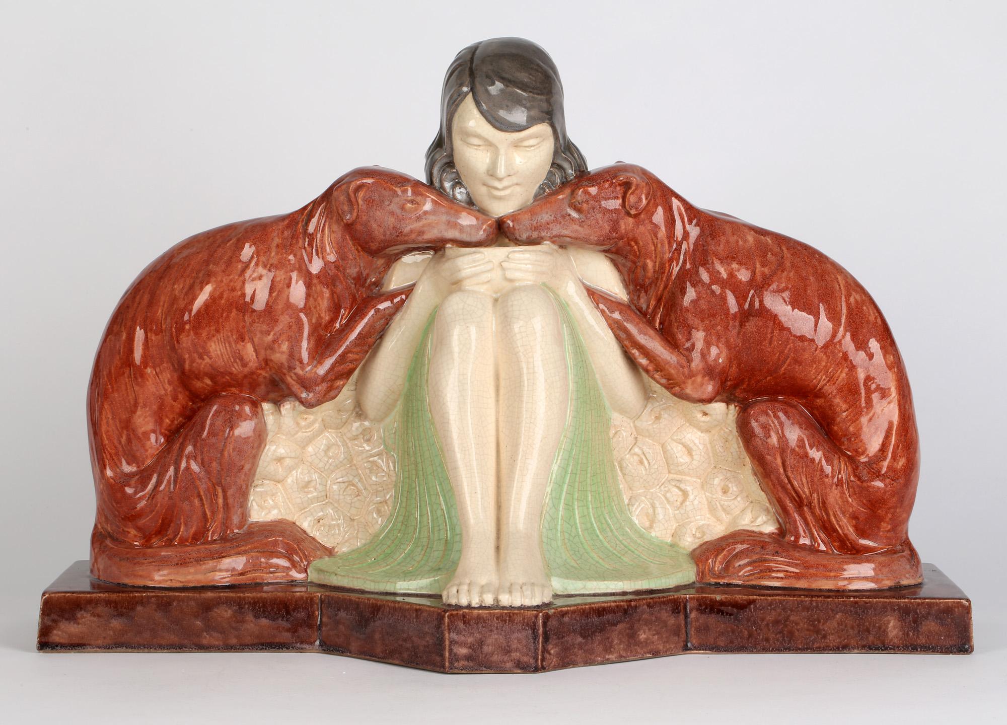 Sculpture en poterie Art Déco Girl & Borzoi de Marcel Guillard pour Etling Paris en vente 9