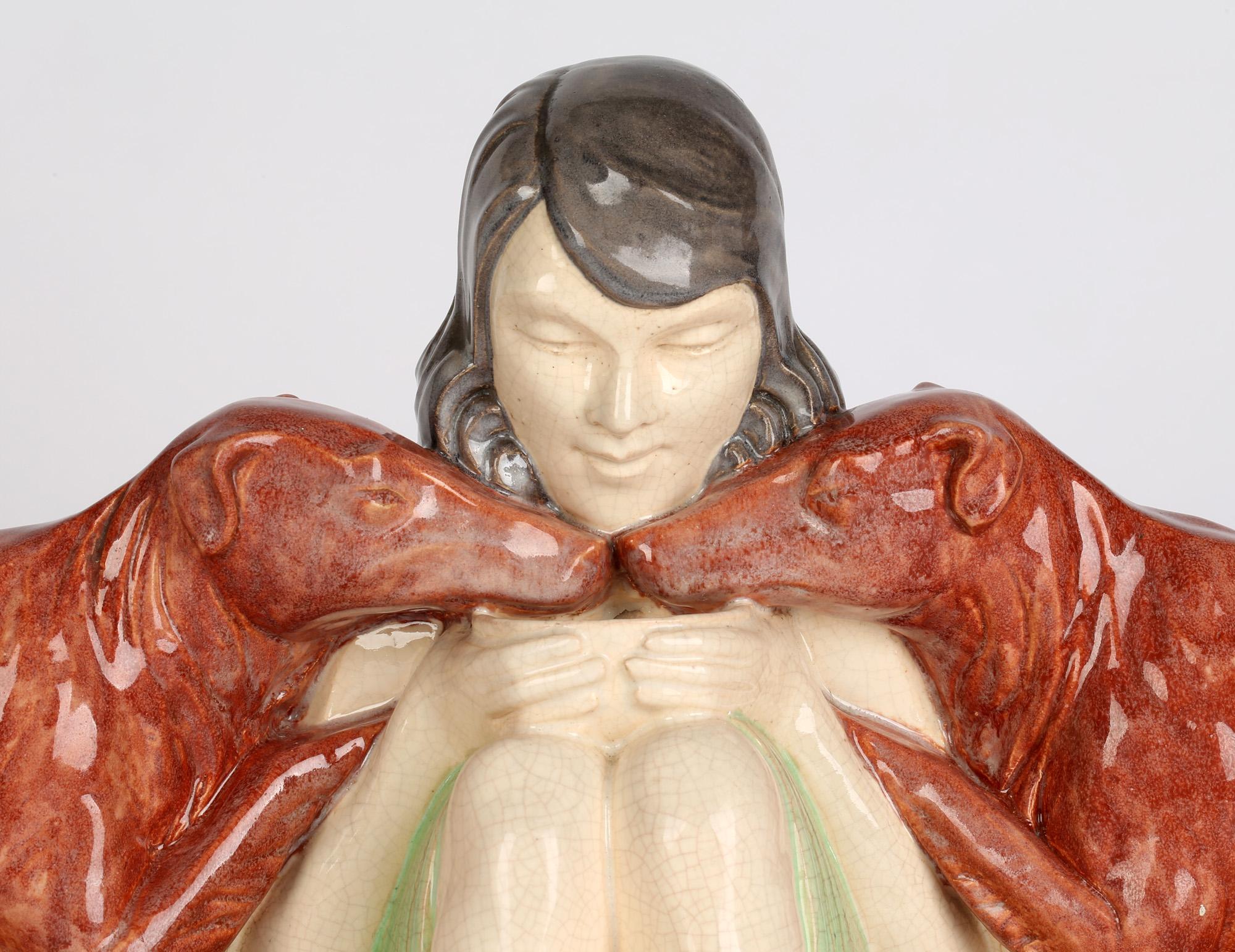 Marcel Guillard Art Deco Girl & Borzoi Pottery Sculpture for Etling Paris For Sale 9