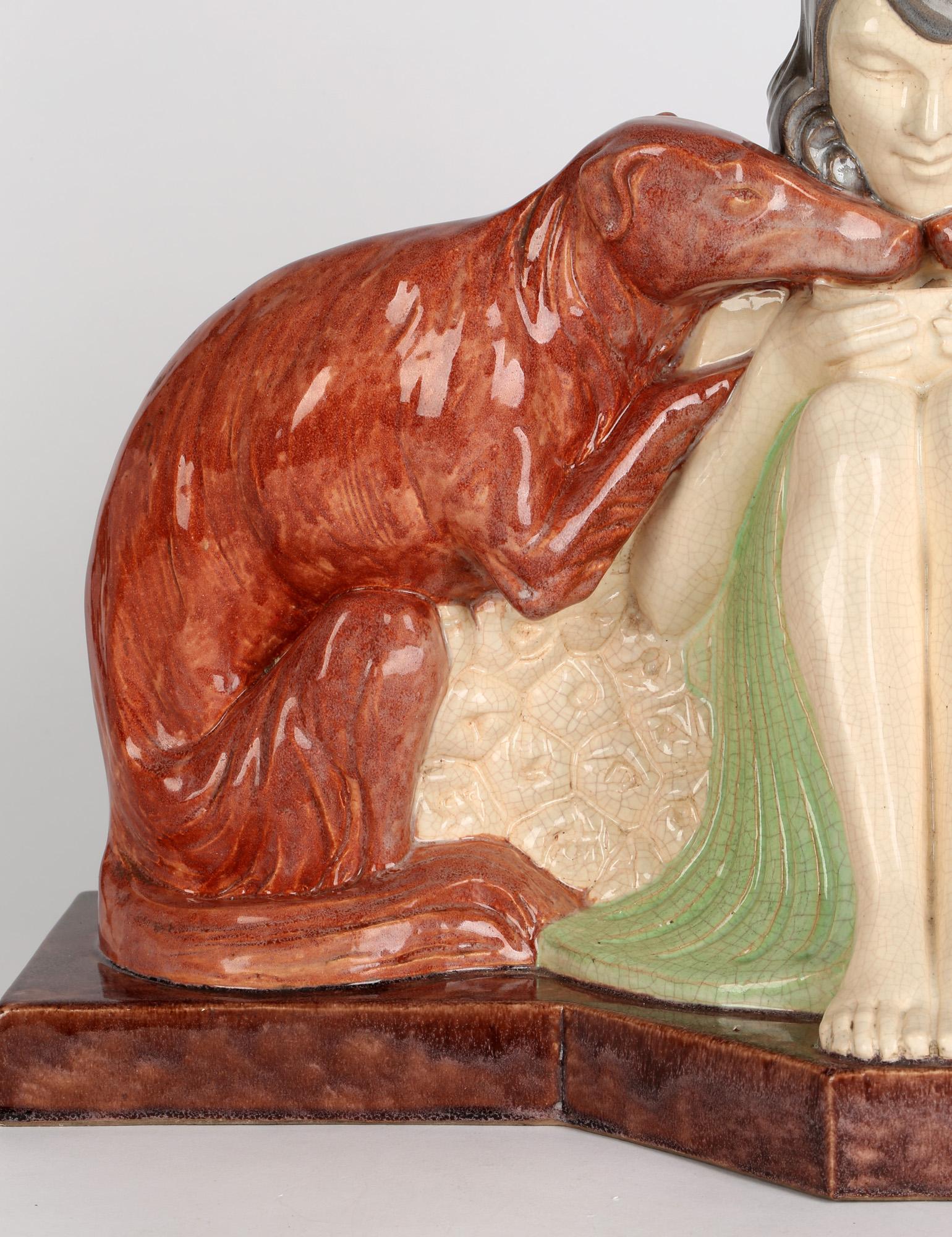 Marcel Guillard Art Deco Girl & Borzoi Pottery Sculpture for Etling Paris For Sale 10