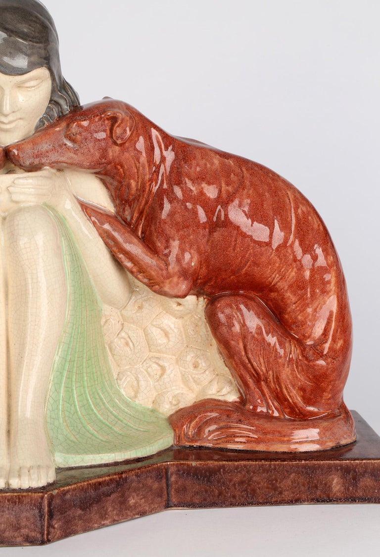 Marcel Guillard Art Deco Girl & Borzoi Pottery Sculpture for Etling Paris For Sale 14
