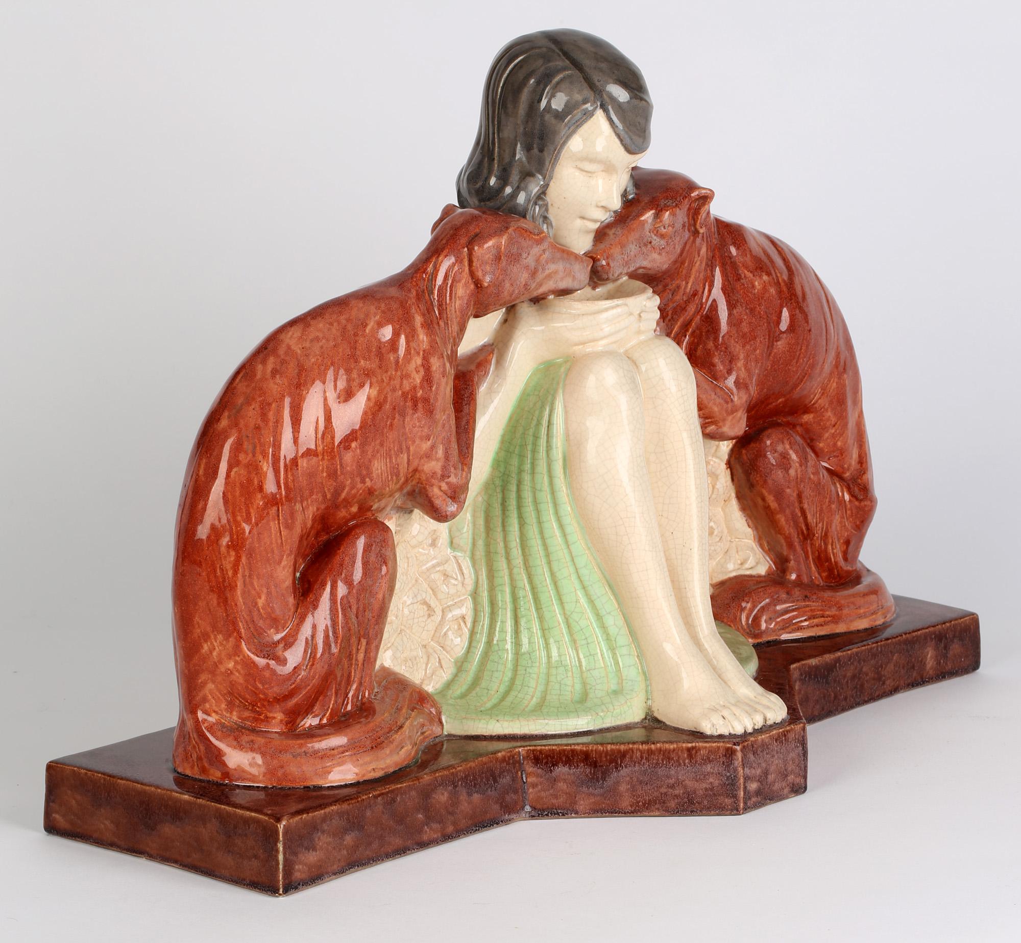 Art déco Sculpture en poterie Art Déco Girl & Borzoi de Marcel Guillard pour Etling Paris en vente