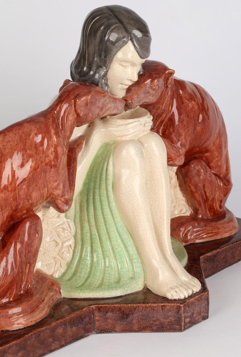 Hand-Painted Marcel Guillard Art Deco Girl & Borzoi Pottery Sculpture for Etling Paris For Sale