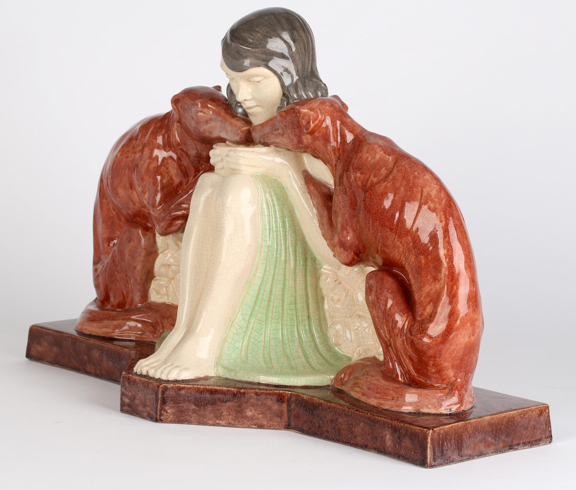 Début du 20ème siècle Sculpture en poterie Art Déco Girl & Borzoi de Marcel Guillard pour Etling Paris en vente