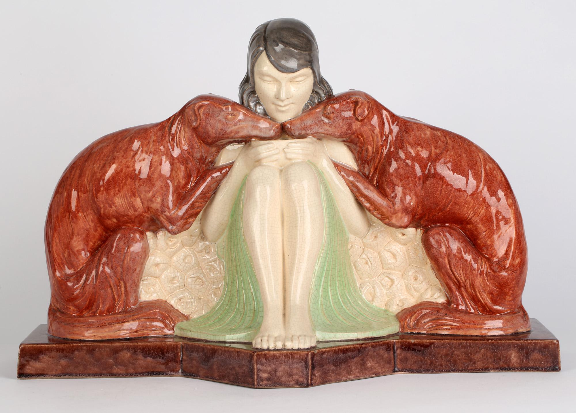 Early 20th Century Marcel Guillard Art Deco Girl & Borzoi Pottery Sculpture for Etling Paris For Sale