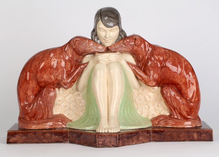 Marcel Guillard Art Deco Girl & Borzoi Pottery Sculpture for Etling Paris For Sale 3