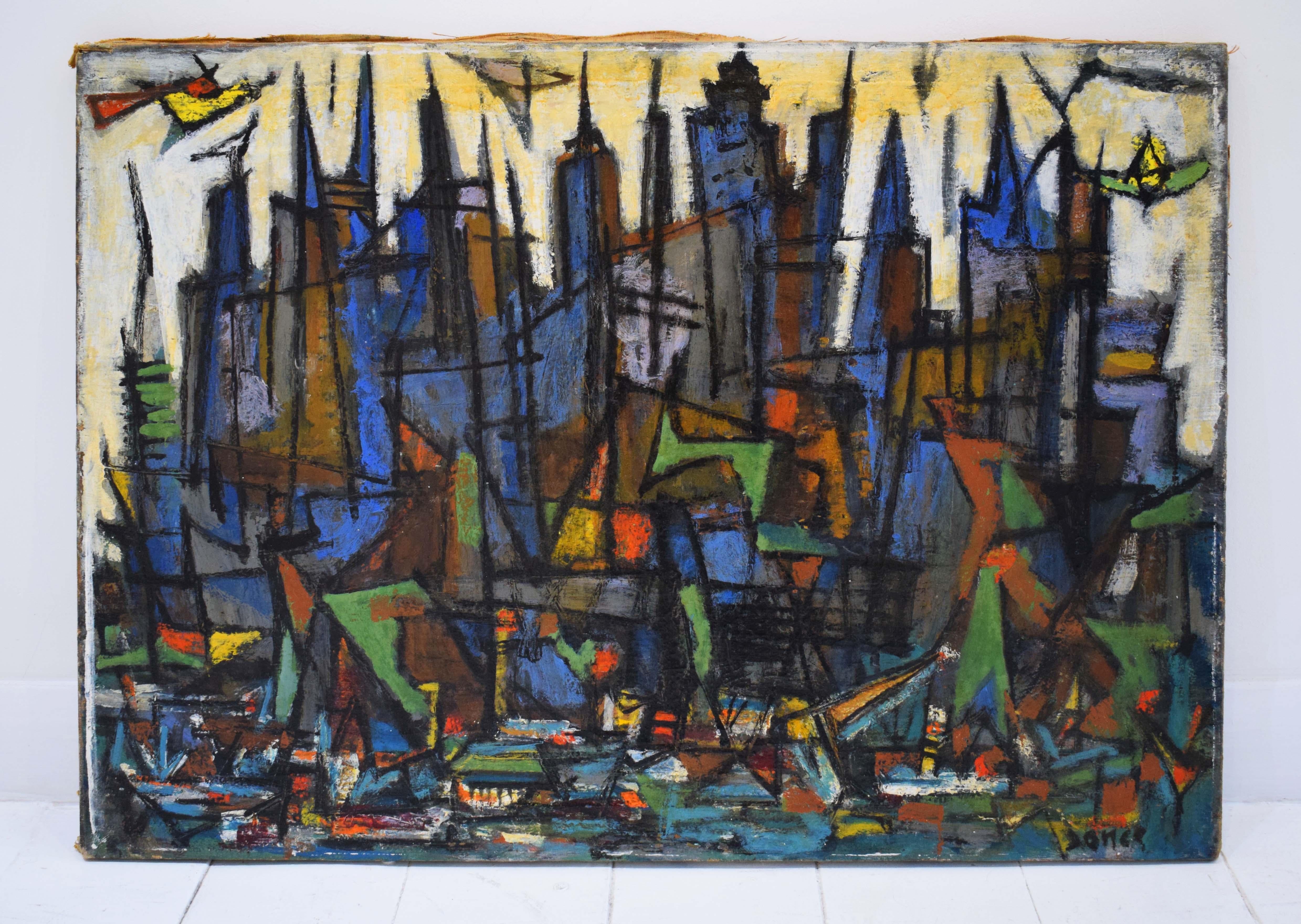 Harbour View - Cityscape Abstract Dada Romanian Israeli - Painting by Marcel Janco
