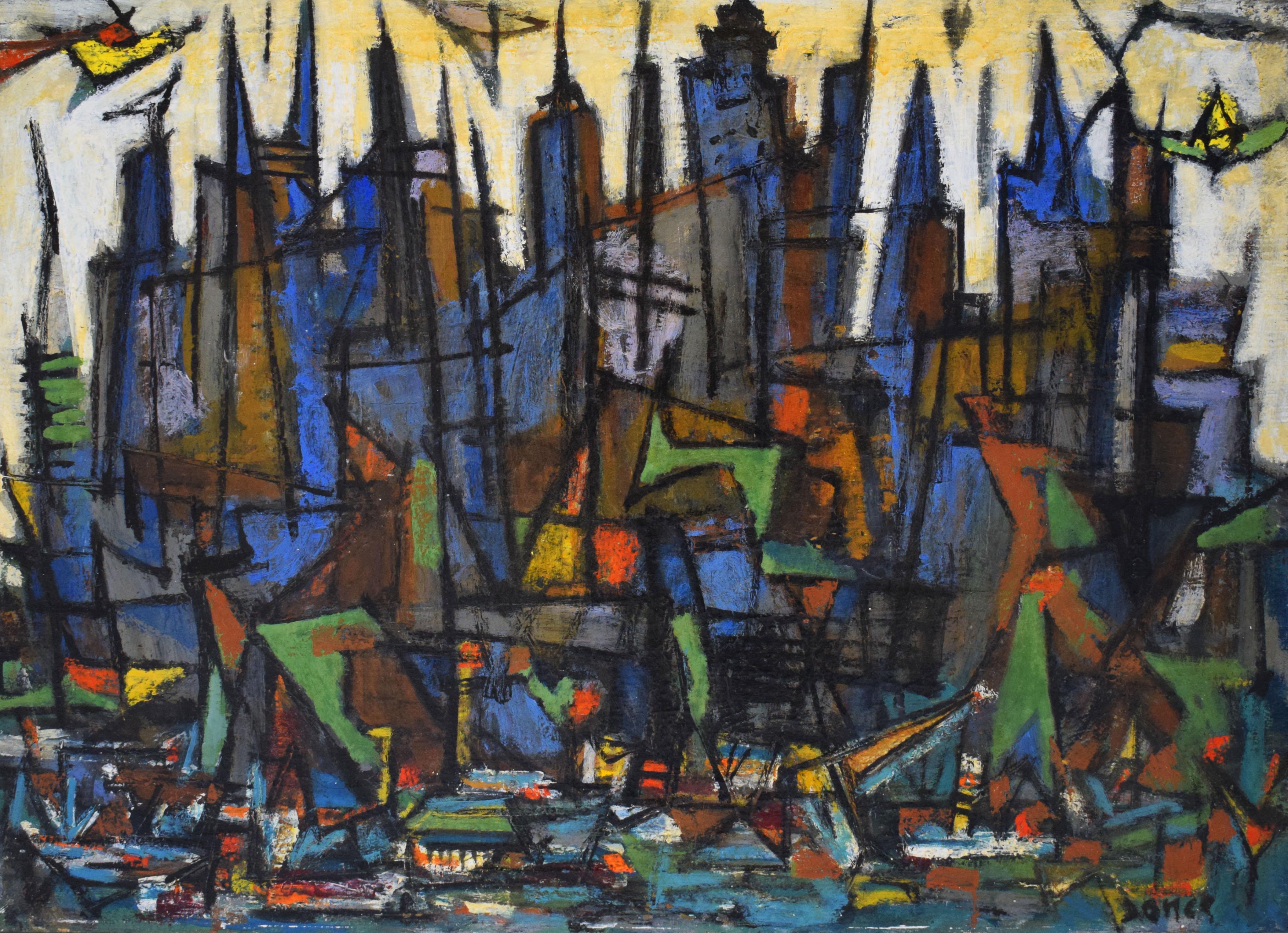 Marcel Janco Landscape Painting - Harbour View - Cityscape Abstract Dada Romanian Israeli