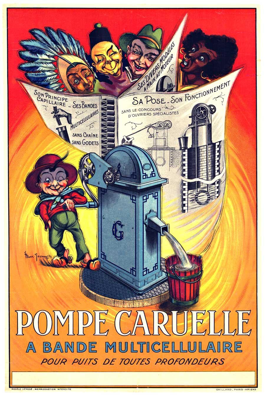 Marcel Jeaune Figurative Print - Original Pompe Caruelle - water pump, vintage French antique poster
