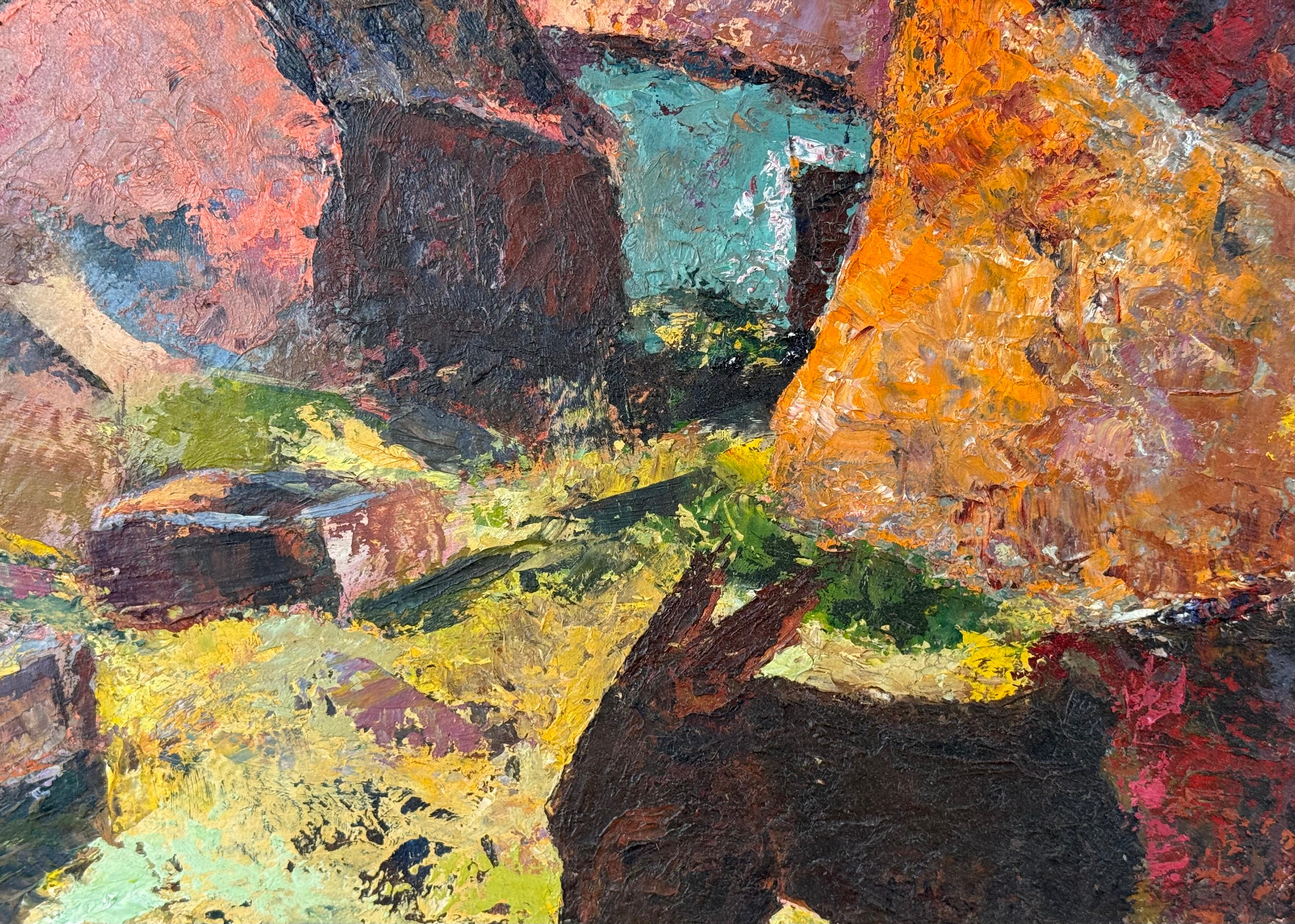 
Dipinto originale a olio su masonite del Cratere Nero nello stato dell'Oregon dell'artista americano Marcel K. Sessler.  Firmato e datato in basso a destra,  1955.  Le condizioni sono eccellenti. Etichetta della mostra della Norton Gallery of Art