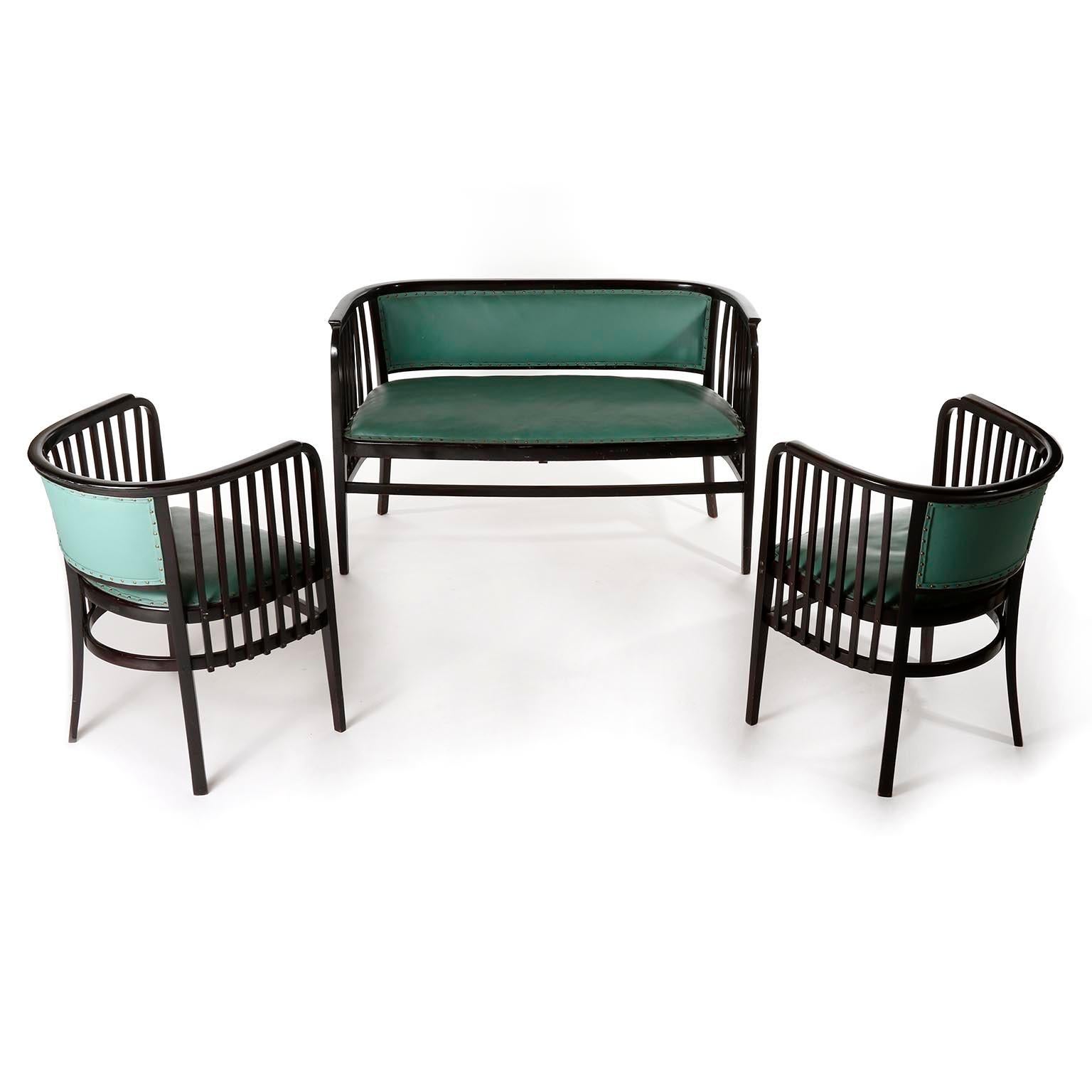 Art Nouveau Marcel Kammerer Seating Set Salon Suite, Thonet, Turquoise Green Leather, 1910 For Sale