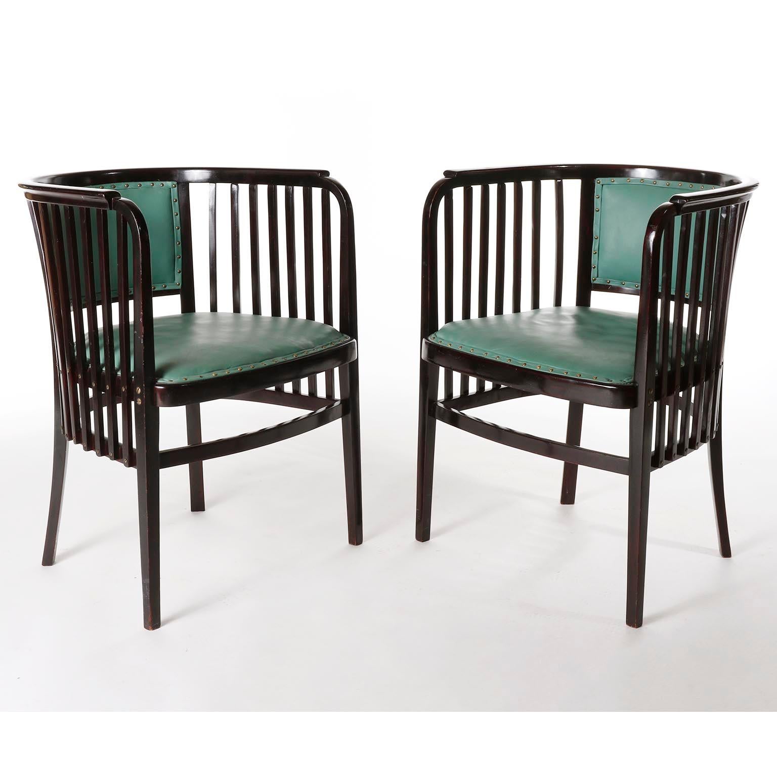 Art Nouveau Marcel Kammerer Seating Set Salon Suite, Thonet, Turquoise Green Leather, 1910