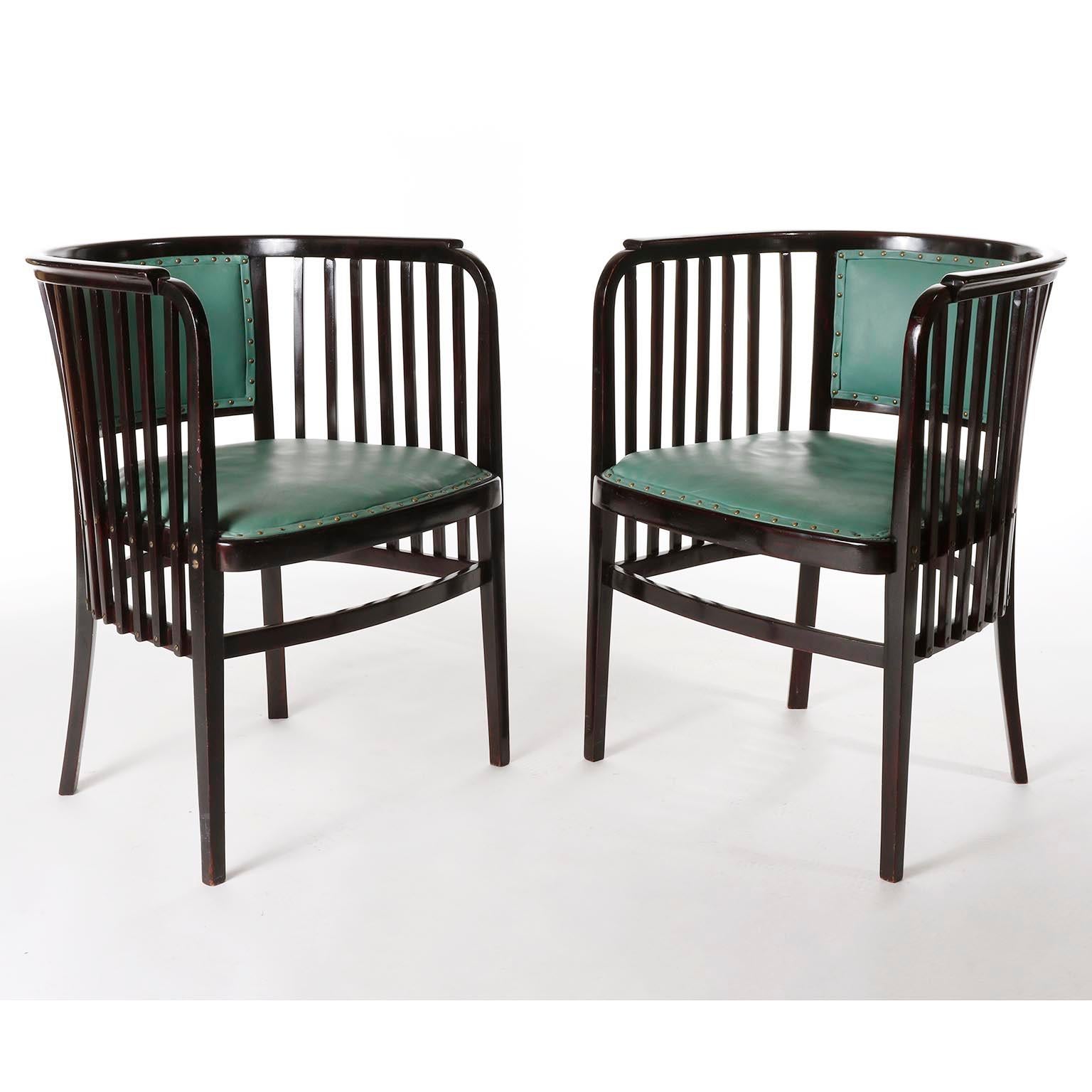 Stained Marcel Kammerer Seating Set Salon Suite, Thonet, Turquoise Green Leather, 1910 For Sale